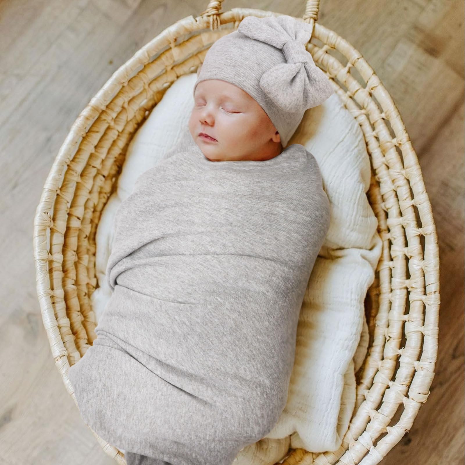 DRESHOW BQUBO Newborn Cotton Receiving Blankets - Soft & Warm Baby Swaddle with Mittens & Bow Hat - Perfect for Hospital, Sleep, and Baby Shower Gifts - Ideal for Newborns 0-6 Months