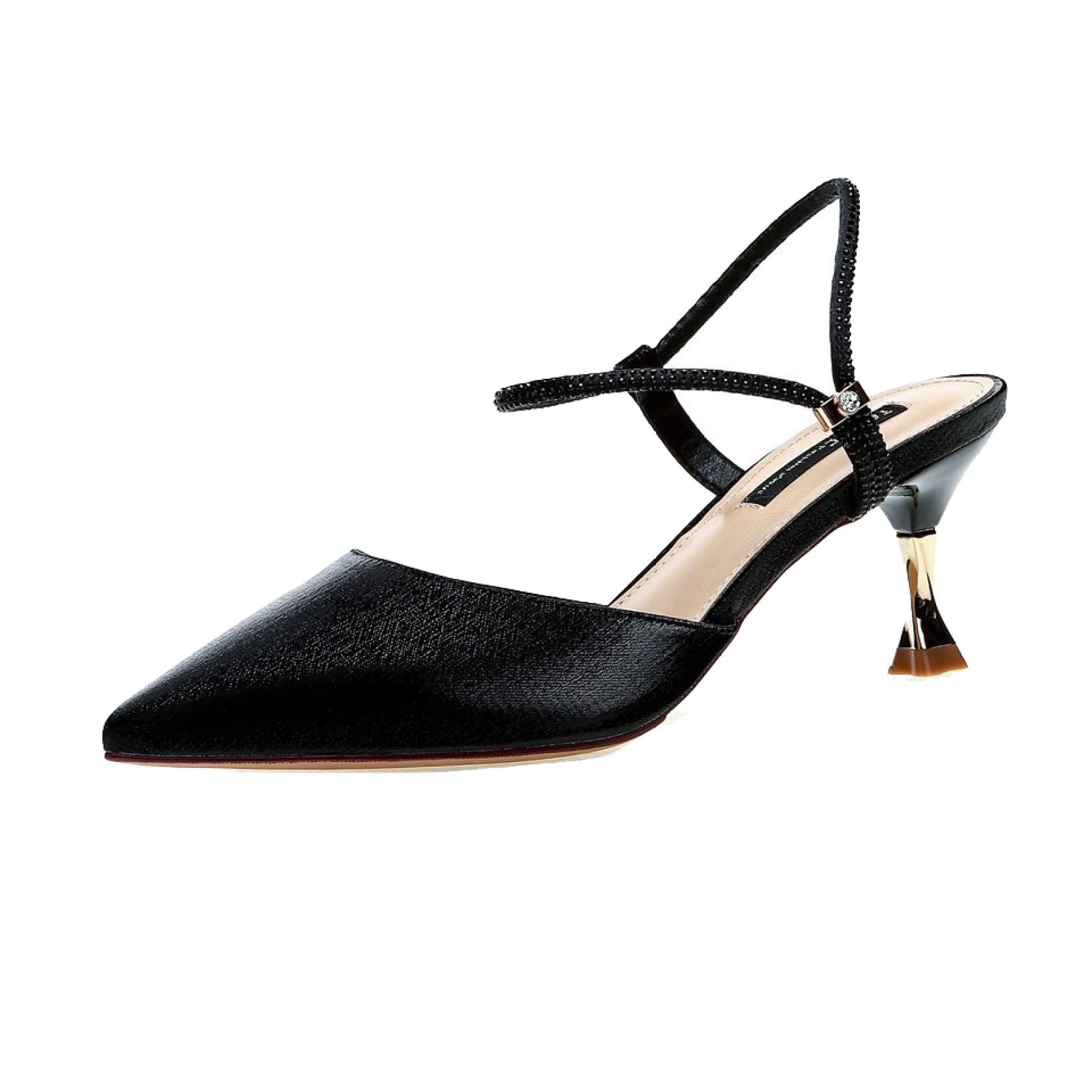 Hoxekle Women's Satin Kitten Heel Mules - Rhinestone Strappy Pointed Toe Slip-On Pumps for Banquet, Party & Evening Wear | Elegant Backless Dress Shoes for Weddings, Prom & Special Occasions
