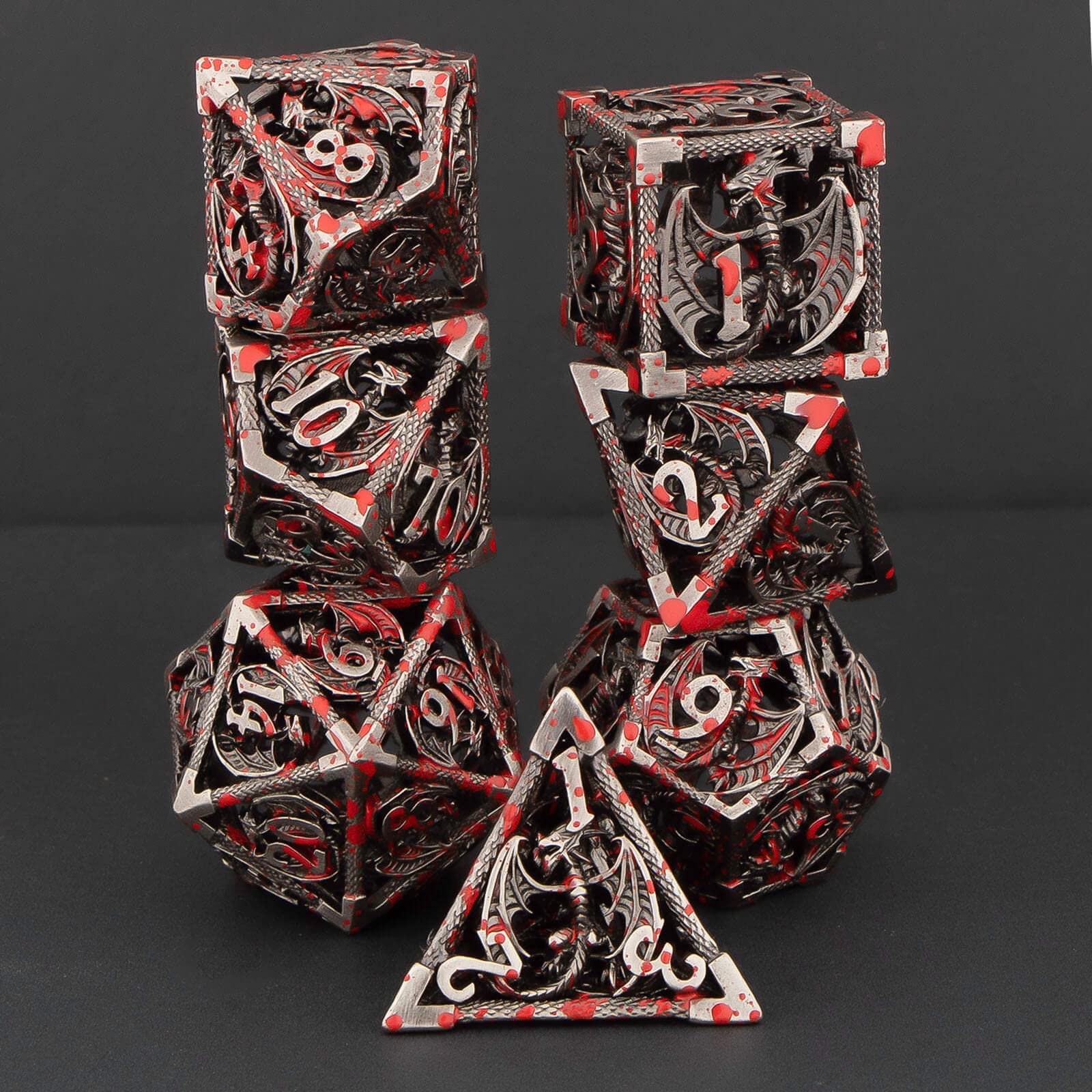 KERWELLSI Hollow Metal DND Dice Set - 7pcs Polyhedral RPG Dice for Dungeons & Dragons (D20, D12, D10, D8, D6, D4) with Gift Box - Perfect for Tabletop Role-Playing Games, D&D Campaigns & Fantasy Board Games (Blood Red)