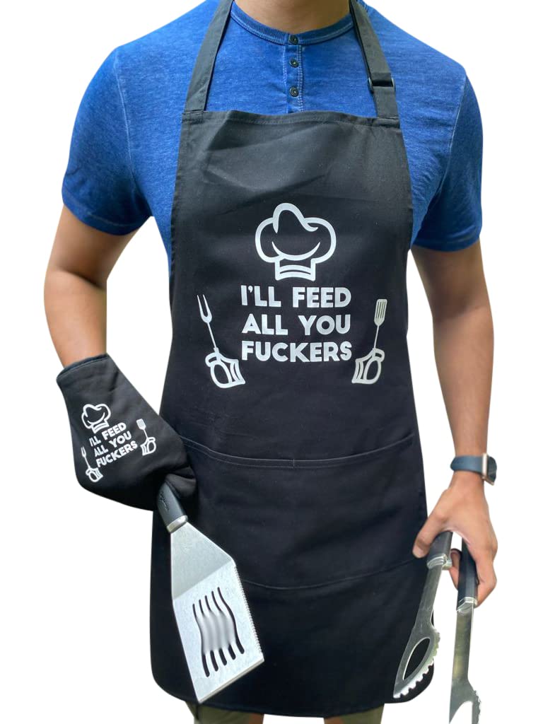 Funny Kitchen Apron with Oven Mitt Set - Premium Cotton Adjustable Apron for Men & Women with 2 Large Pockets - Perfect Dad Gifts & Cooking Accessories for BBQ, Baking, and Grilling