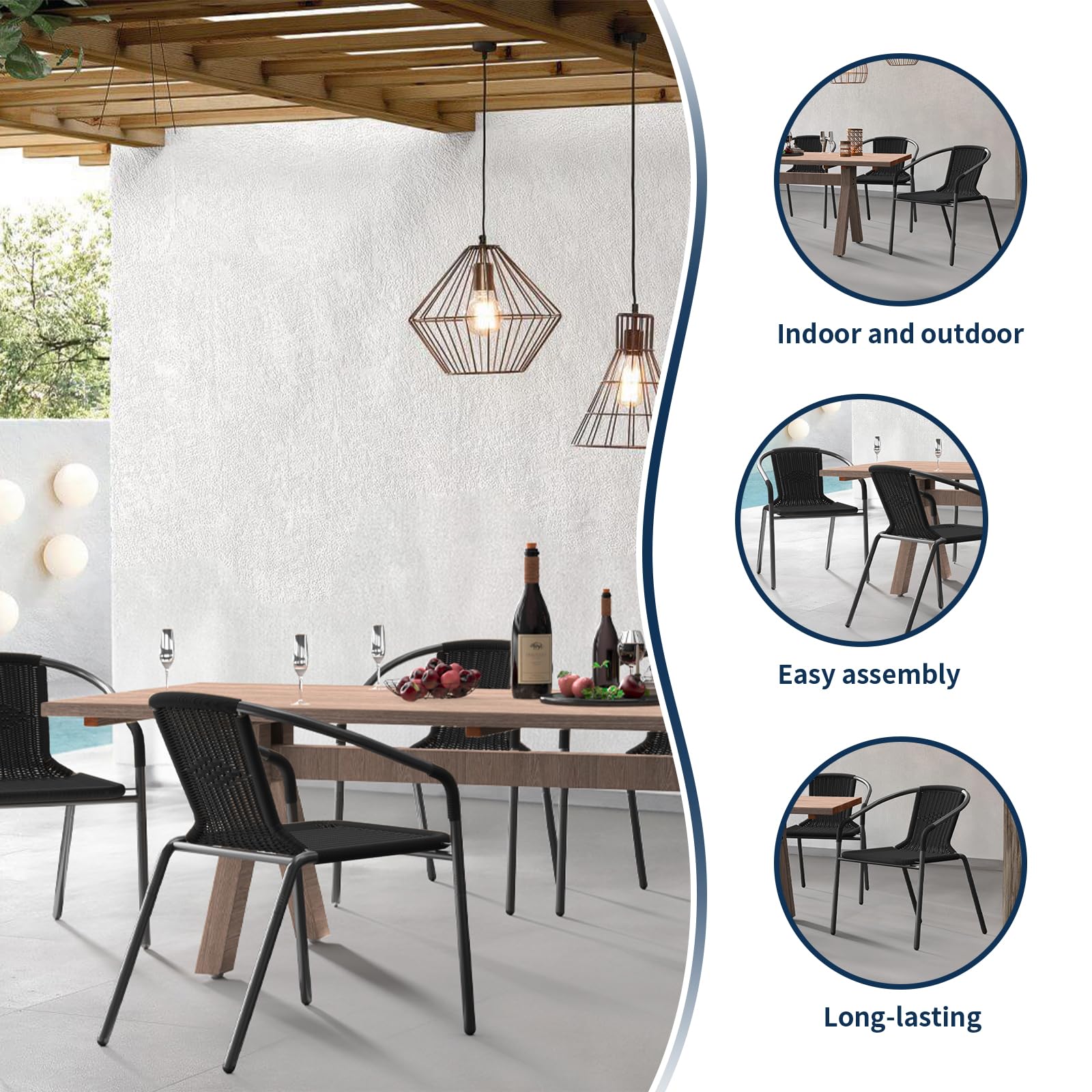 Amopatio 6-Piece Outdoor Dining Chairs Set - Black Rattan Wicker Stackable Patio Chairs for Bistro, Deck, Yard, Porch & Restaurant - Perfect for Outdoor Entertaining, Garden Parties & Al Fresco Dining