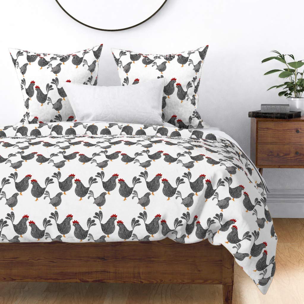 Cute Chickens & Owls Printed Cotton Sateen Duvet Cover Full/Queen Size - Farm Animal Theme Custom Bedding Set for Country Style Home Decor