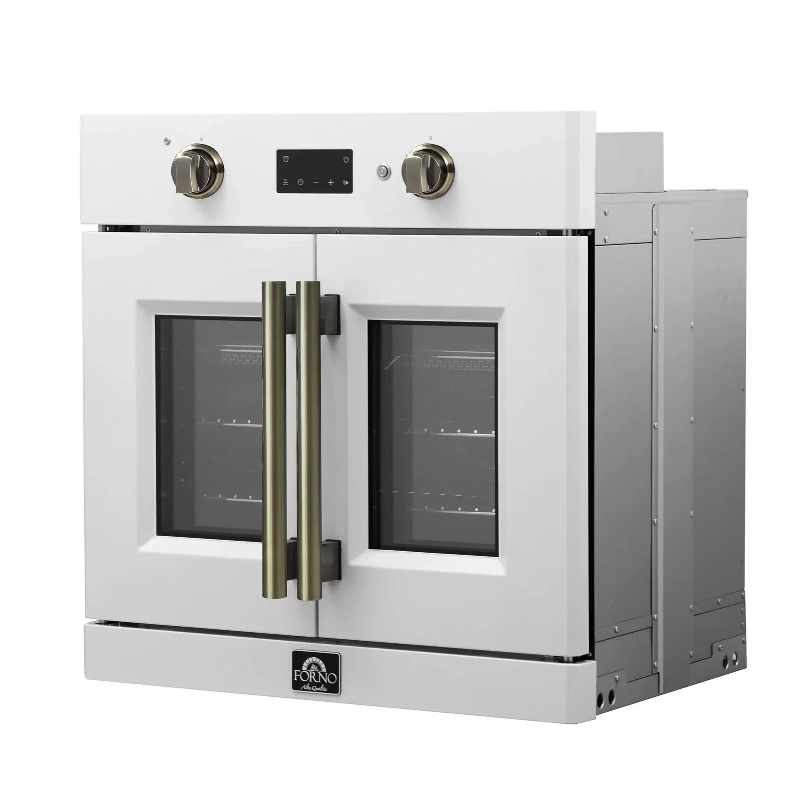 Forno Asti 30-Inch French Door Electric Wall Oven - White with Antique Brass Trim, Built-in Convection Oven, Self-Cleaning, FBOEL1333 30WHT - Perfect for Modern Kitchens & Home Baking