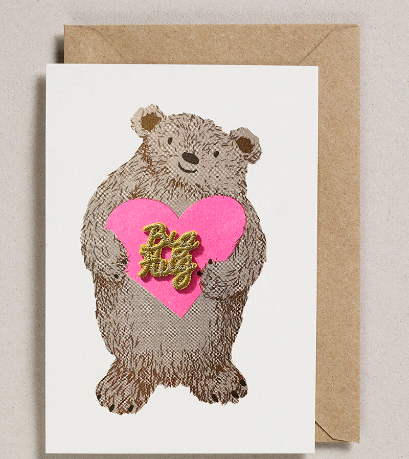 Handmade Embroidered Big Hug Bear Greeting Card by Petra Boase - Perfect for Birthdays, Anniversaries & Special Occasions
