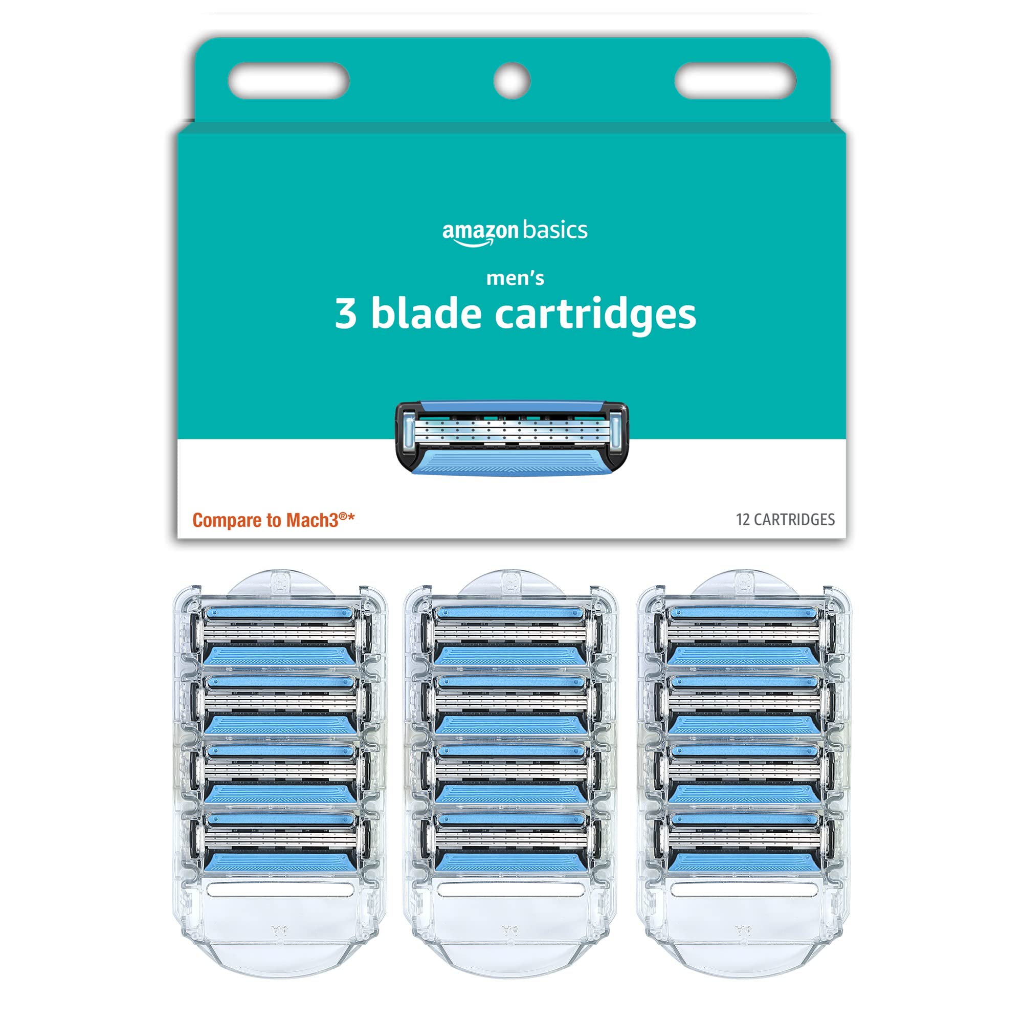 Amazon Basics 3-Blade Razor Refills for Men - 12 Cartridges with Dual Lubrication | Compatible with Amazon Basics Razor Handles | Smooth Shaving for Face, Body & Head | Premium Shaving Essentials for Daily Grooming Routine