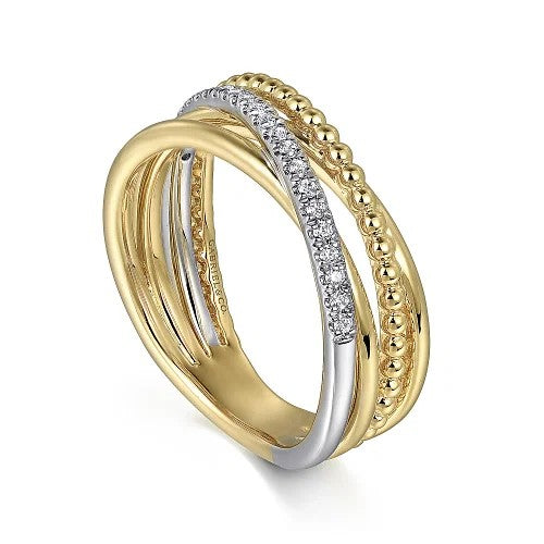 14K White & Yellow Gold Diamond Criss Cross Women's Ring - Elegant Stackable Jewelry for Weddings, Anniversaries & Special Occasions