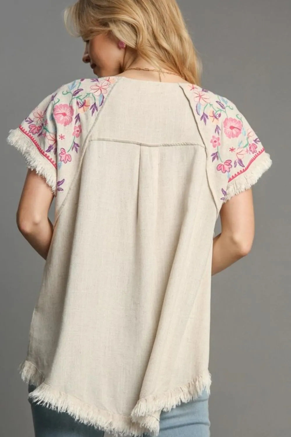 Boho Linen Top for Women - Round Neck High Low Hem Frayed Details - Casual Summer Beachwear & Festival Outfit