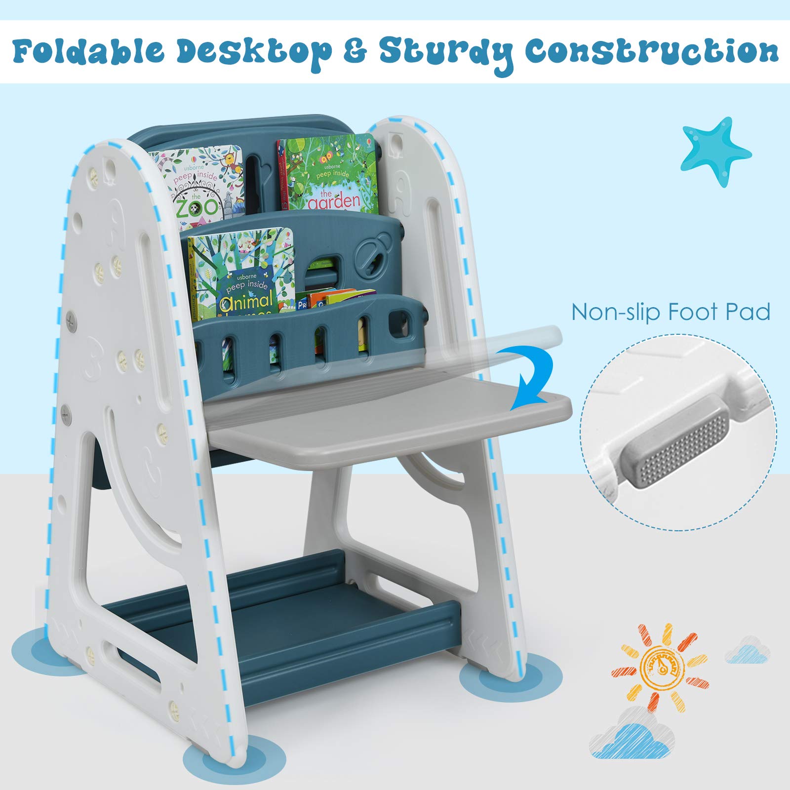 Costzon 3-in-1 Adjustable Kids Art Easel with Stool - Double-Sided Magnetic Whiteboard & Chalkboard, Foldable Desktop & Book Rack - Includes Alphabet & Number Magnets (Blue) - Perfect for Preschool Learning, Home Classroom & Creative Play