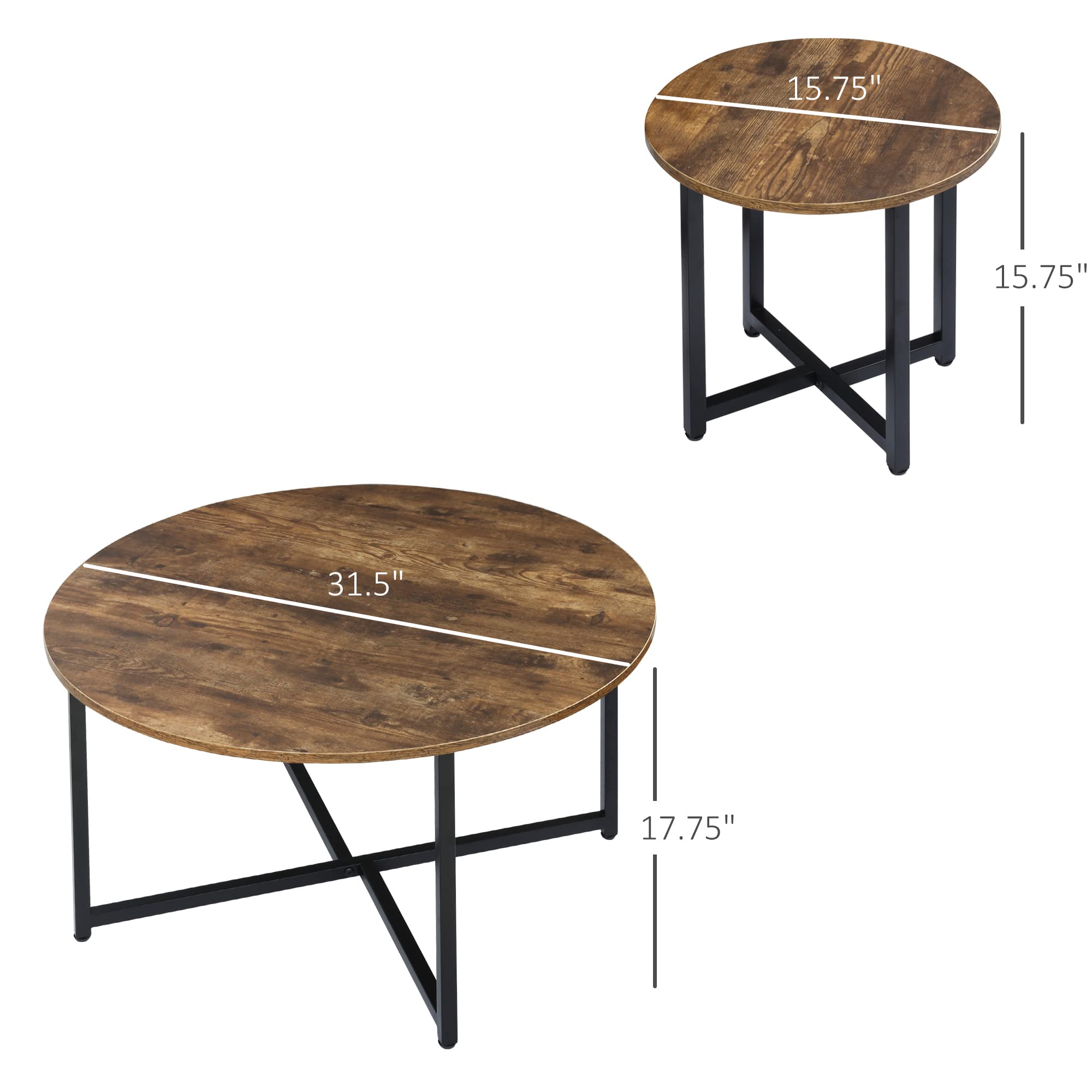 HOMCOM 2-Piece Round Coffee Table Set with Metal Frame - Industrial Style Living Room Tables, Rustic Brown Circle Coffee Tables for Home Decor & Small Space Furniture