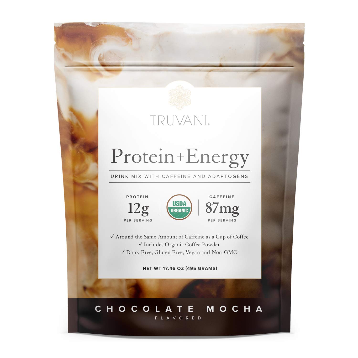 Truvani Protein + Energy Drink Mix with 87mg Caffeine - Chocolate Mocha Flavor | 12g Organic Plant-Based Protein | USDA Organic Coffee Powder & Adaptogens | Gluten-Free, Dairy-Free, Vegan | 20 Servings | Perfect for Workouts, Morning Boost & Active Lifestyles