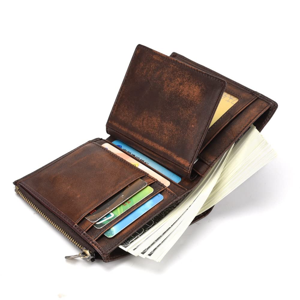 Genuine Leather Men's Wallet with Zipper - Cowhide Bifold Wallet with Coin Pocket & Card Holder (Brown, 12.3x10cm) - Perfect for Everyday Use, Travel & Gifts