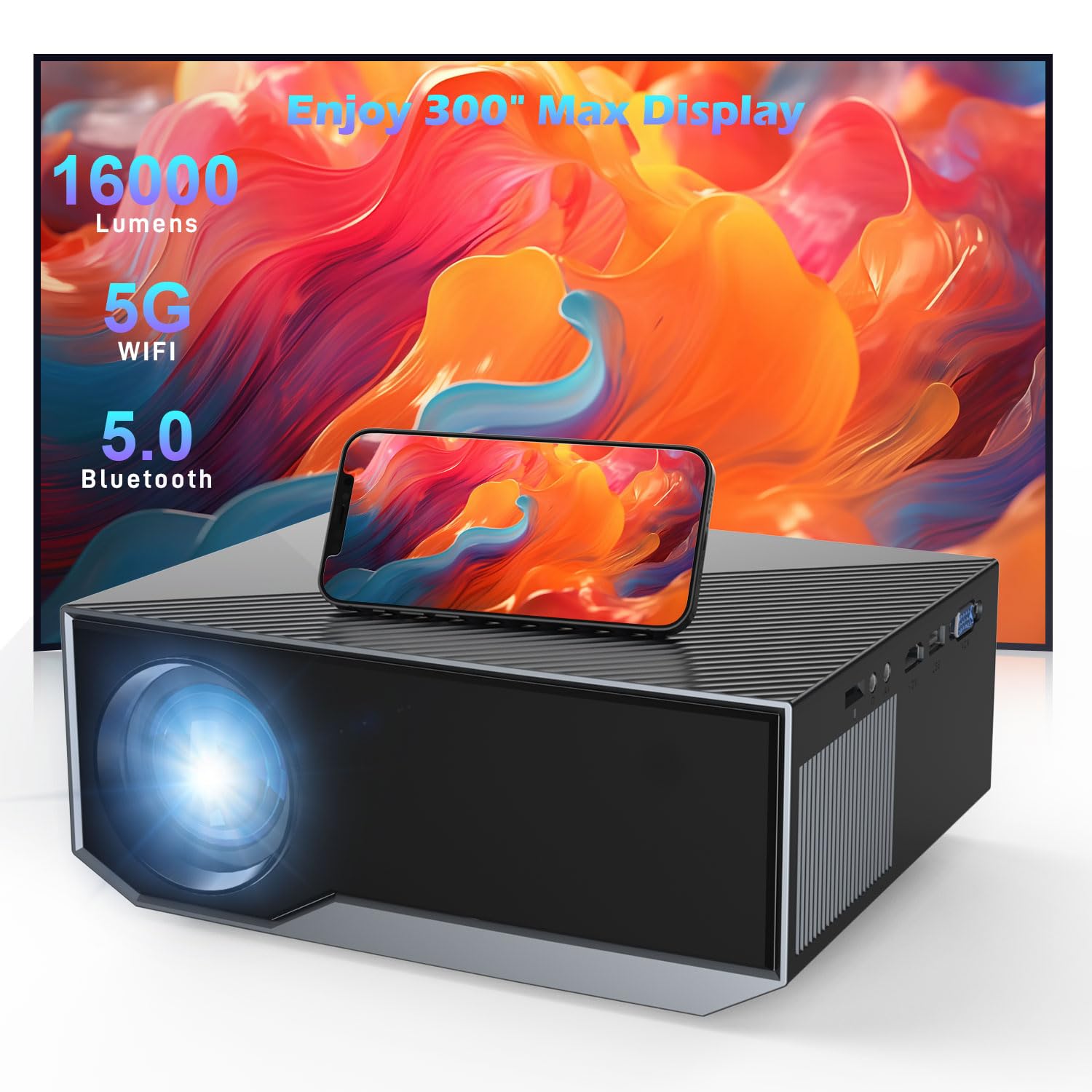 ZDK 16000 Lumen Native 1080P Full HD WiFi Bluetooth Projector - 4K Supported Portable Movie Video Projector for Indoor Outdoor Home Theater, Bedroom, Camping, Parties - Compatible with Laptop, iPhone, iOS, Android & TV Stick