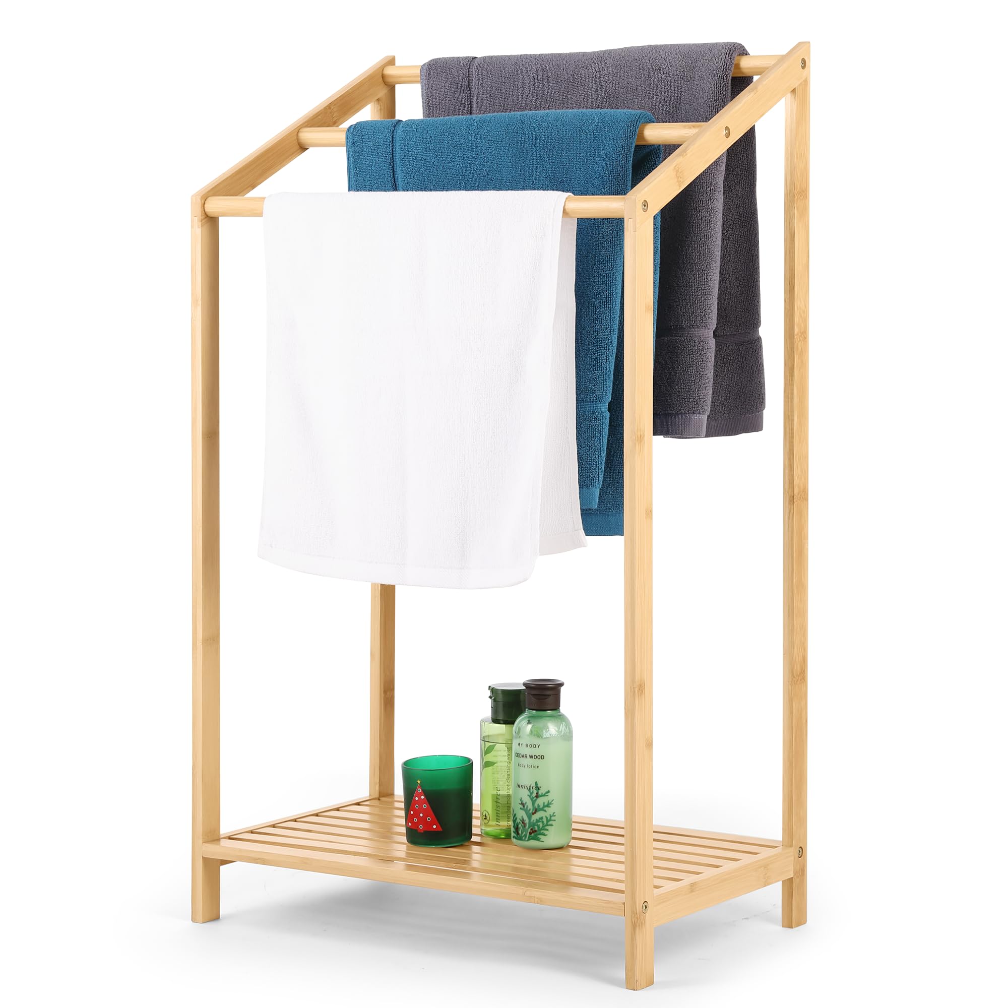 Bamboo Towel Rack Stand | Freestanding Hand Towel Holder with Storage Shelf | Bathroom, Bedroom & Laundry Room Organizer | Perfect for Small Spaces & Blanket Storage