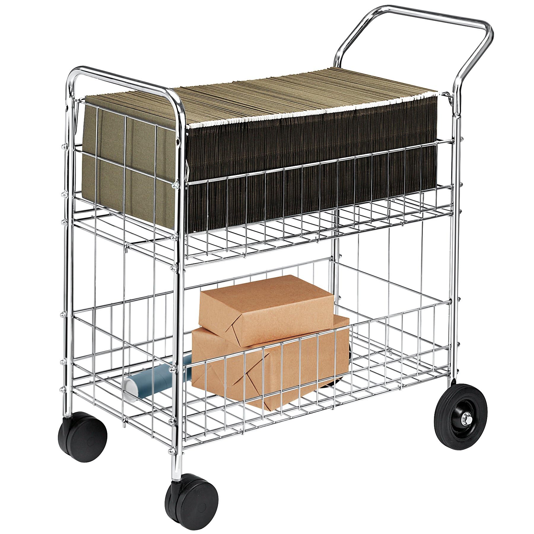 Fellowes 40912 Chrome-Plated Steel Wire Mail Cart with Upper & Lower Baskets - Heavy Duty Office Mail Organizer for Documents, Files & Supplies - Perfect for Mailrooms, Offices & Schools
