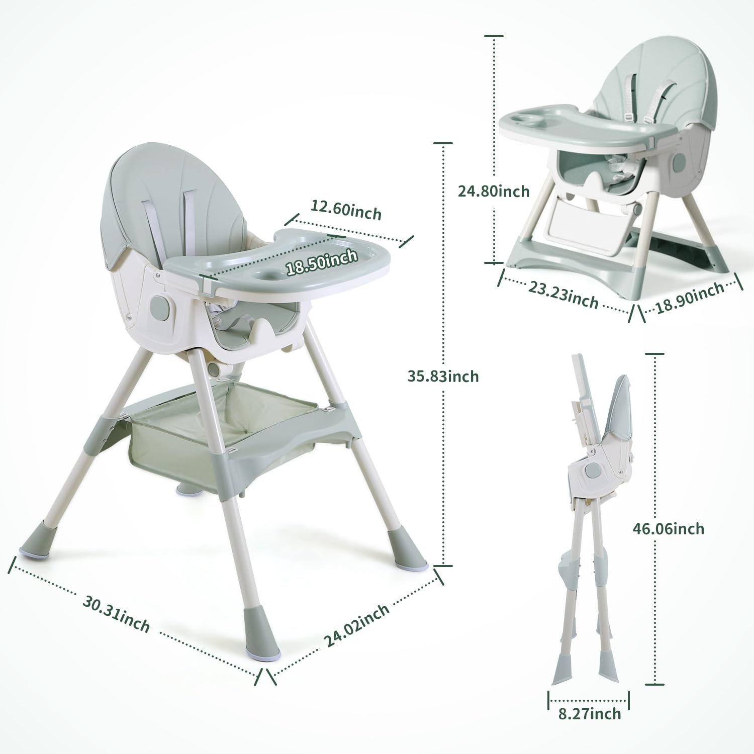 4 in 1 Foldable Baby High Chair with Removable Tray, Safety Belt, Adjustable Footrest & Wheels - Convertible Toddler Feeding Chair for Dining, Travel & Home Use - Green
