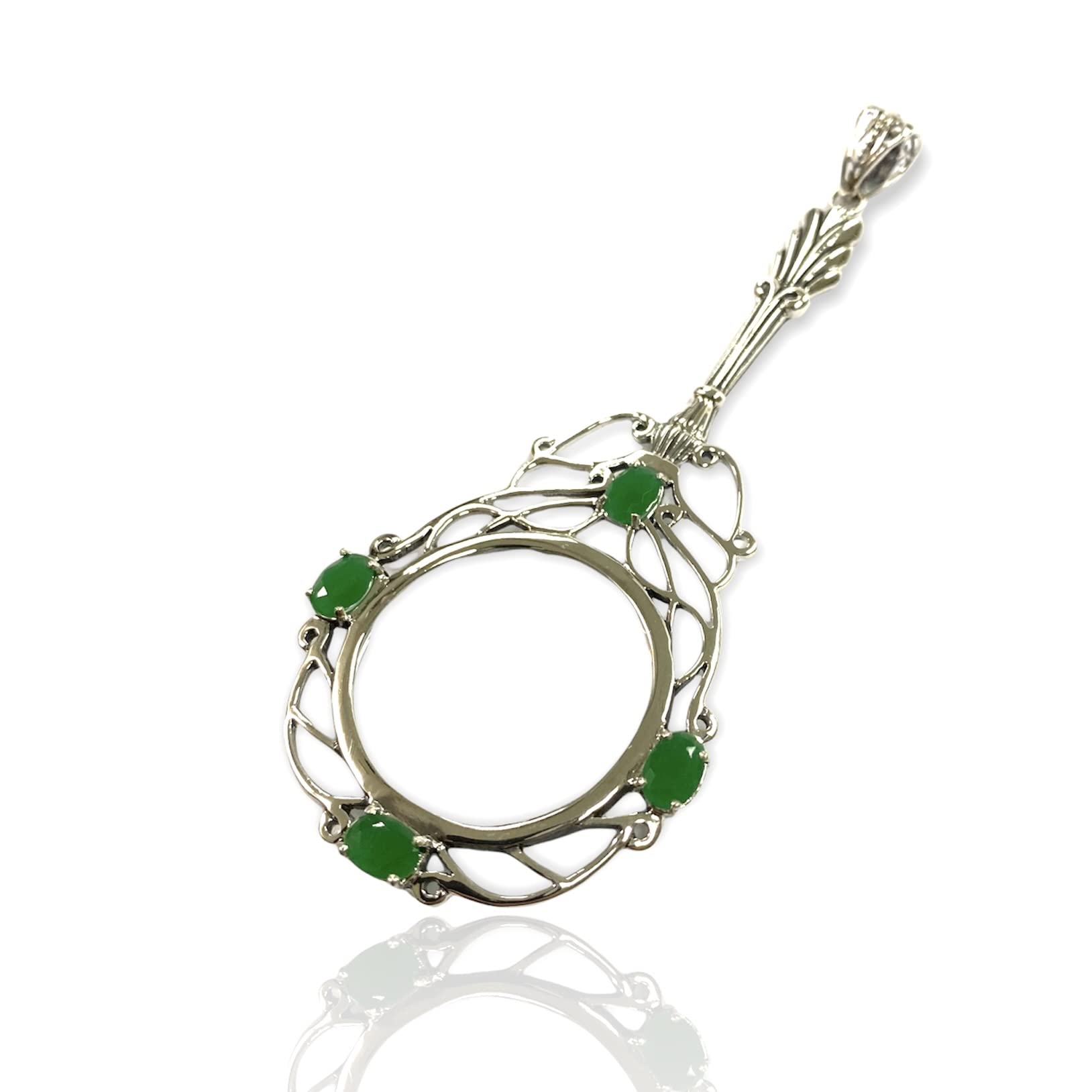 Victorian Style Emerald Green Magnifying Glass Pendant - 925 Sterling Silver Jewelry for Reading, Hobbies & Antique Collecting