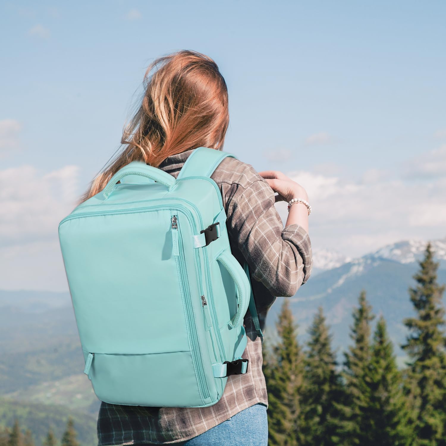 Snoffic Waterproof Travel Backpack for Men & Women - 17.3 Inch Laptop Backpack, Carry-On Personal Item Size, Lightweight Daypack for College, Business, Hiking & Casual Use - Blue & Green