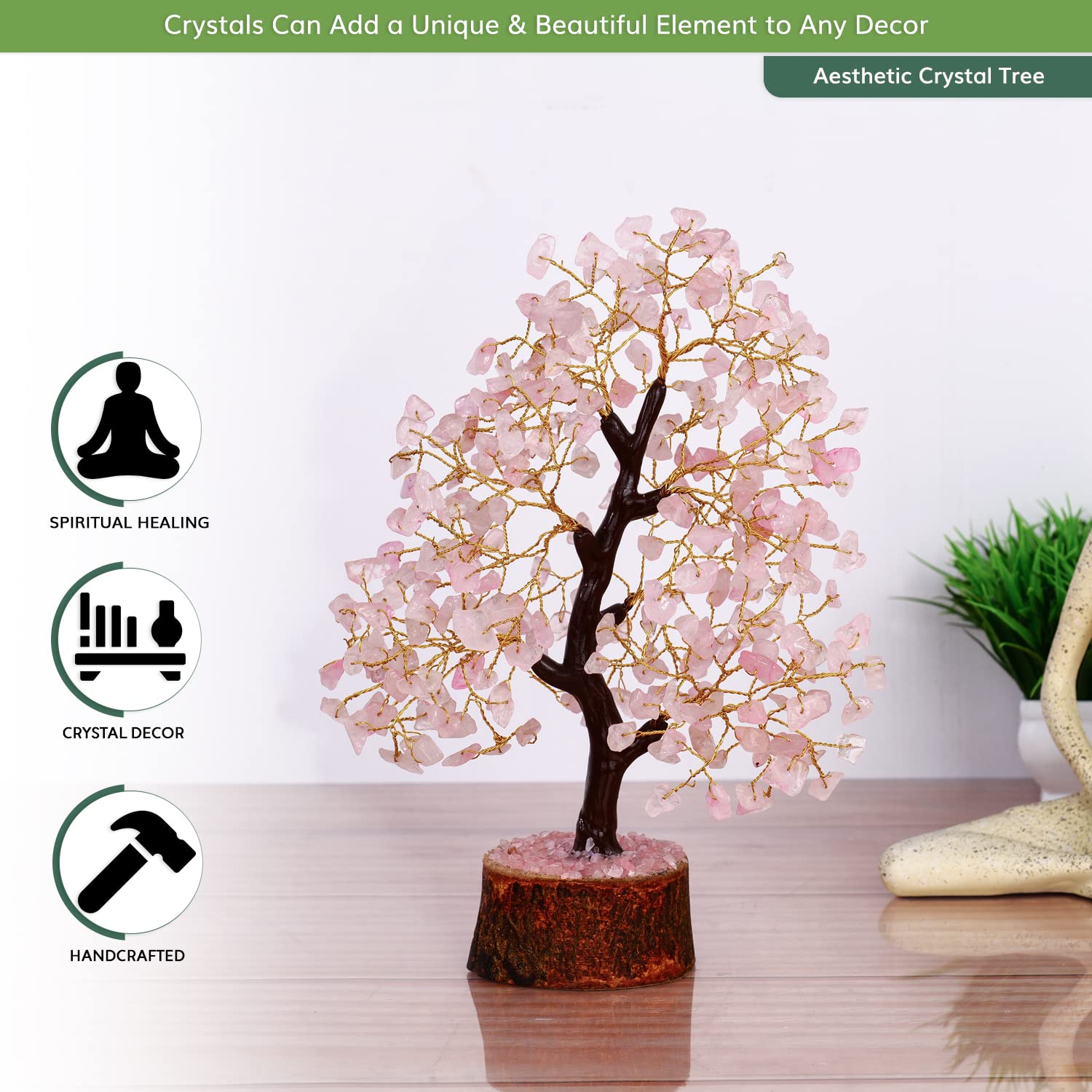 Rose Quartz Crystal Tree - Feng Shui Gemstone Tree for Positive Energy & Chakra Healing | Spiritual Meditation Gift, Zen Desk Decor, Shelf Display for Home Office & Healing Space