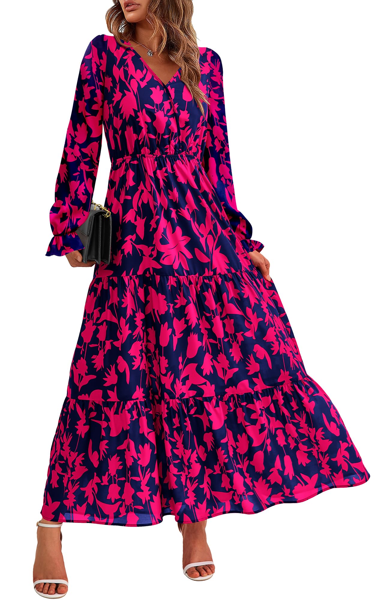 BTFBM Women's Floral Boho Maxi Dress 2025 - Long Sleeve V-Neck Casual Spring Dress for Wedding Guest, Beach, Party & Everyday Wear