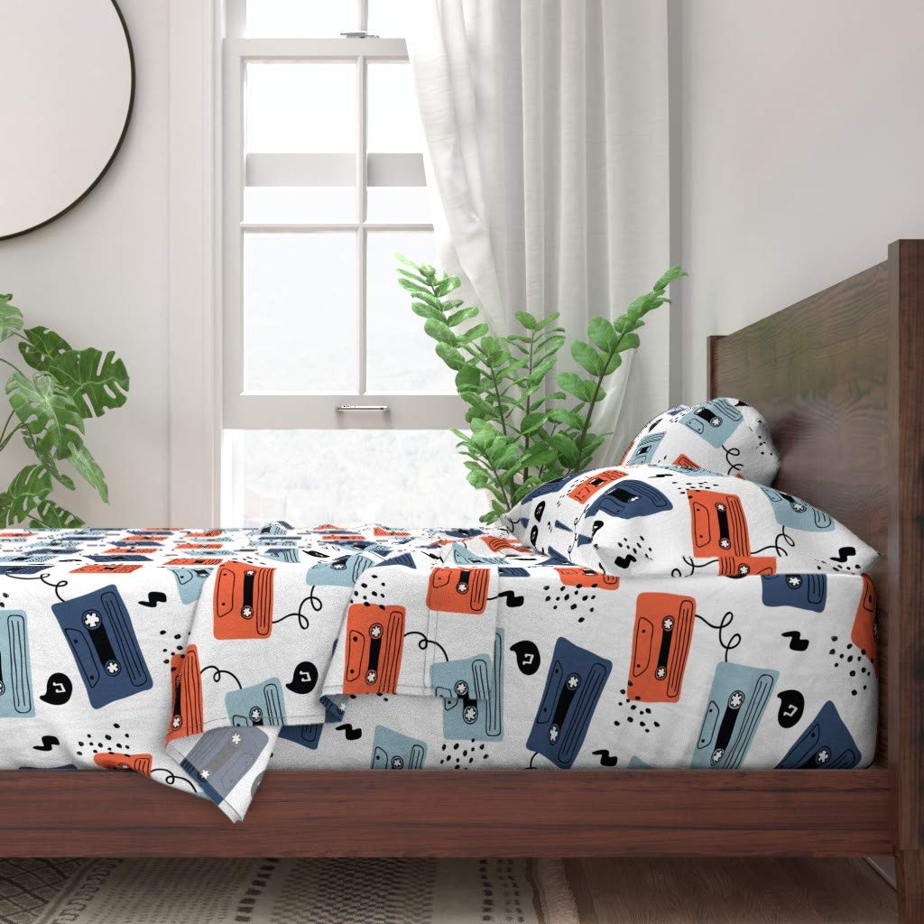 Retro Abstract Scandinavian Vintage Cassette Music Tape Print 100% Cotton Queen 4-Piece Bed Sheet Set - Soft & Breathable for Comfortable Sleep - Perfect for Vintage Music Lovers' Bedroom Decor