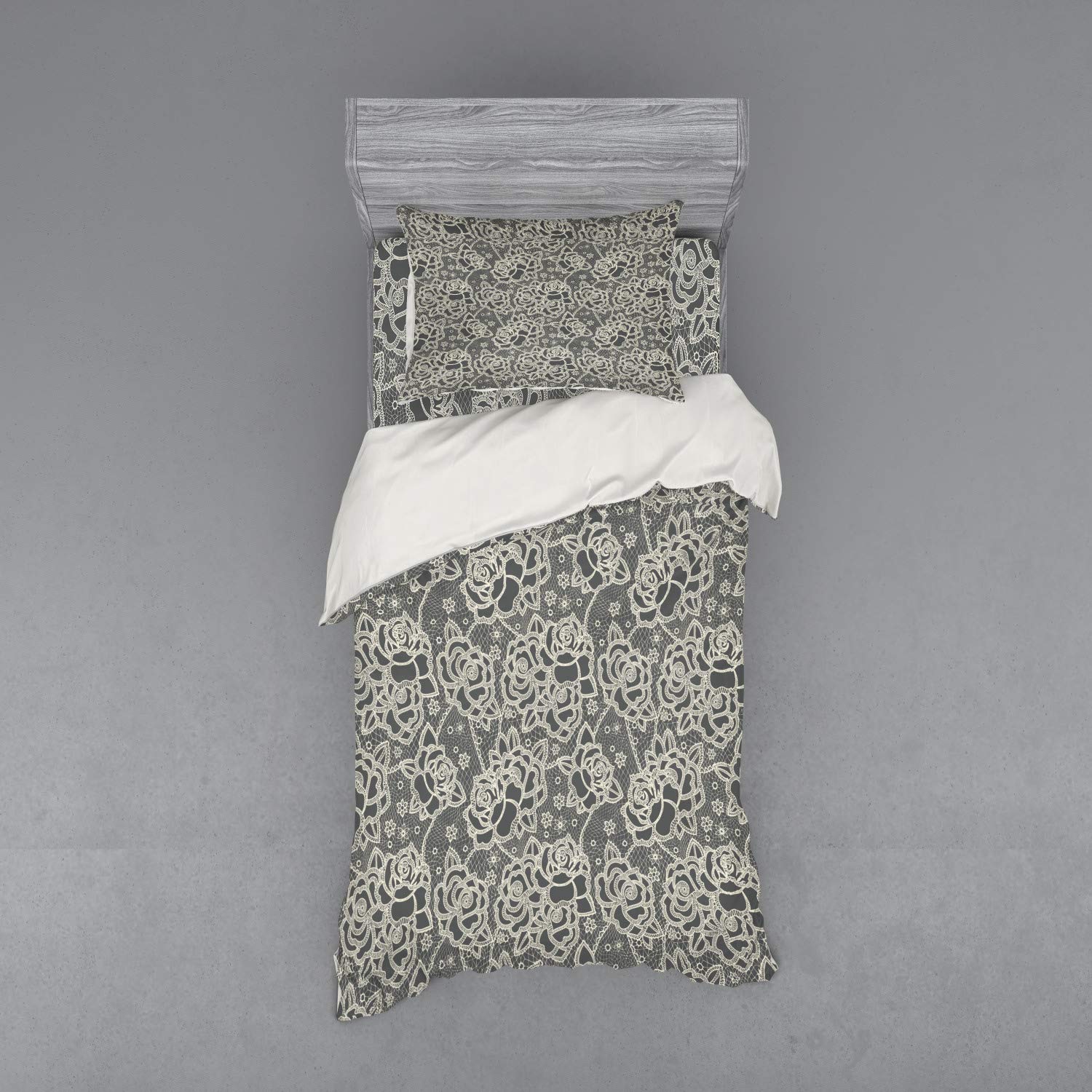 Ambesonne Vintage Duvet Cover Set - Ornate Romantic Roses Pattern, Lace Style Backdrop, Victorian Inspirations, 3-Piece Bedding Set with Sham & Fitted Sheet, Twin Size, Dark Taupe Cream - Perfect for Romantic Bedroom Decor, Guest Room, and Victorian-Themed Home Styling