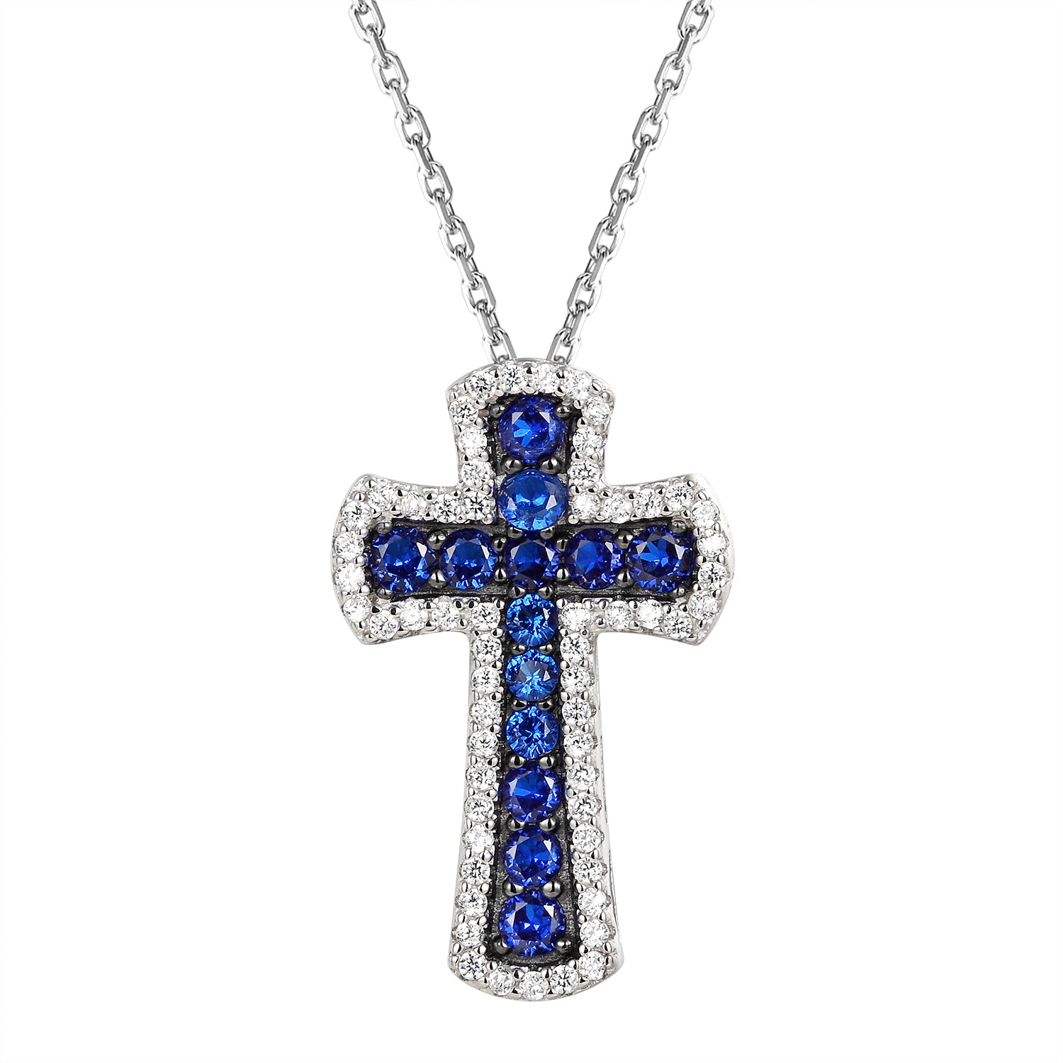 Silver Mini Blue White Solitaire Cross Pendant Necklace - Elegant Religious Jewelry for Women, Perfect for Church, Weddings & Everyday Wear