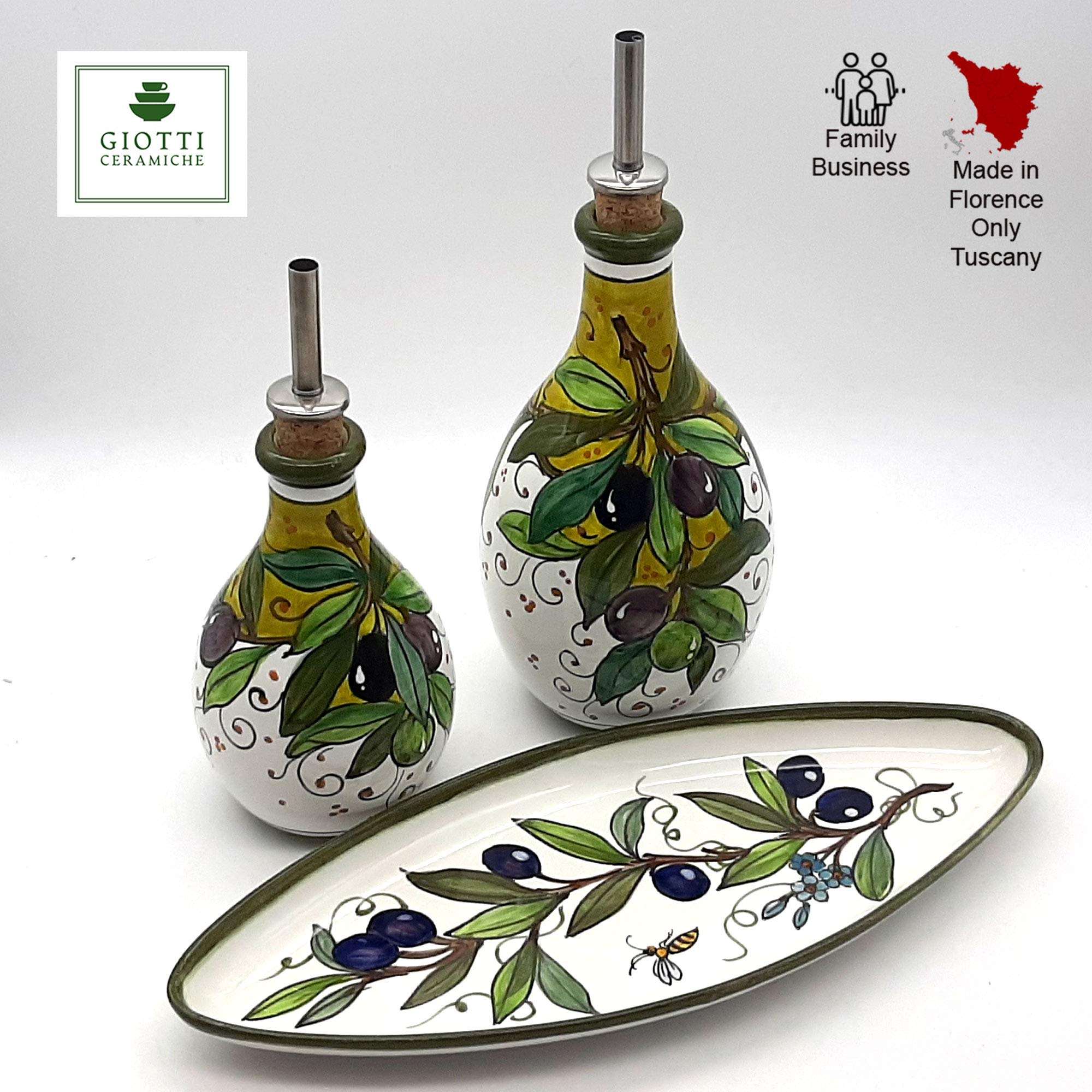 Italian Hand-Painted Ceramic Oil and Vinegar Dispenser Set - Tuscan Olive Design Kitchen Decor - Made in Italy - Perfect for Dining Tables, Kitchen Countertops & Gift Giving