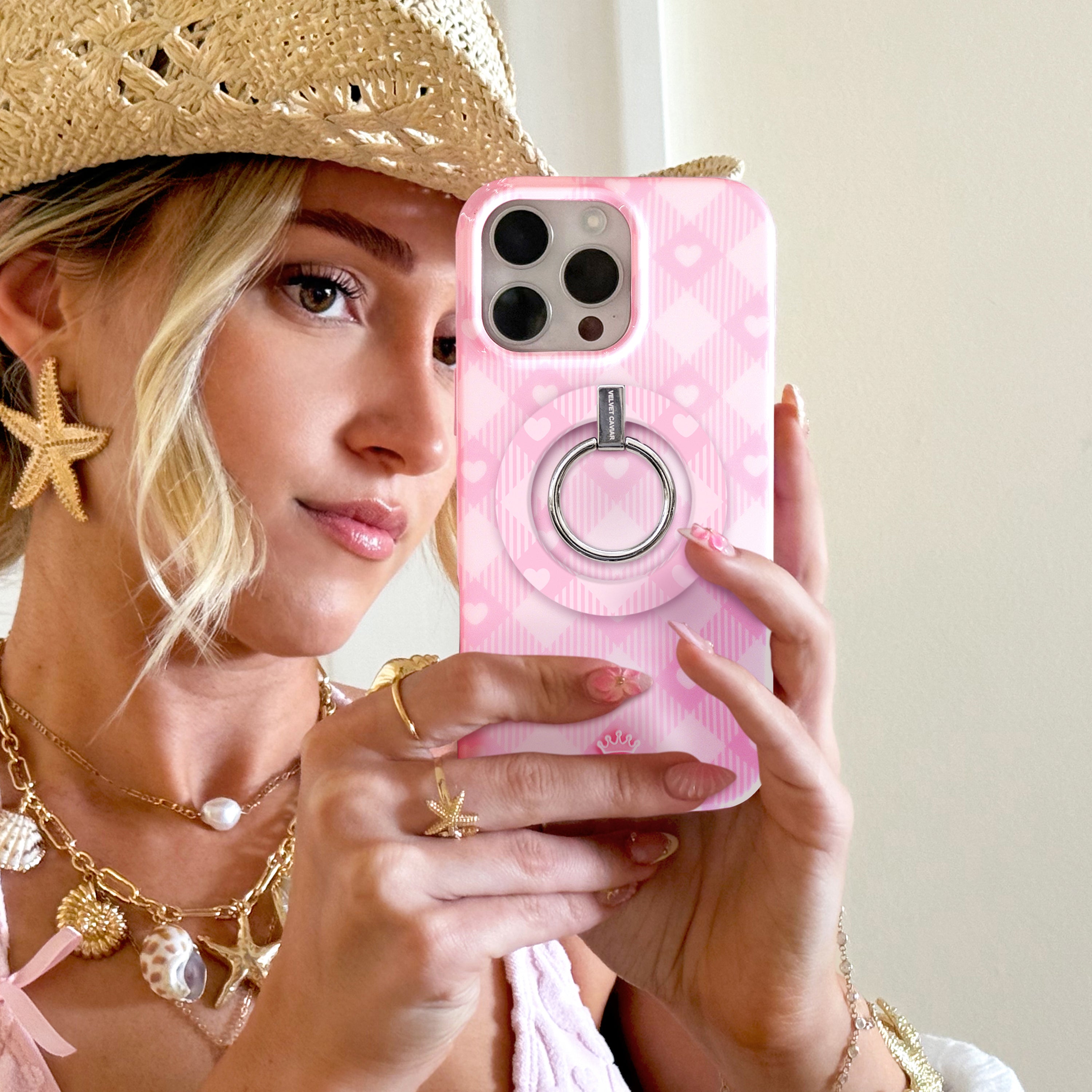 Dolly Pink Gingham MagSafe Grip Ring Holder for iPhone 14/13/12 - Anti-Slip Phone Stand & Finger Strap - Perfect for Selfies, Gaming, and Hands-Free Use