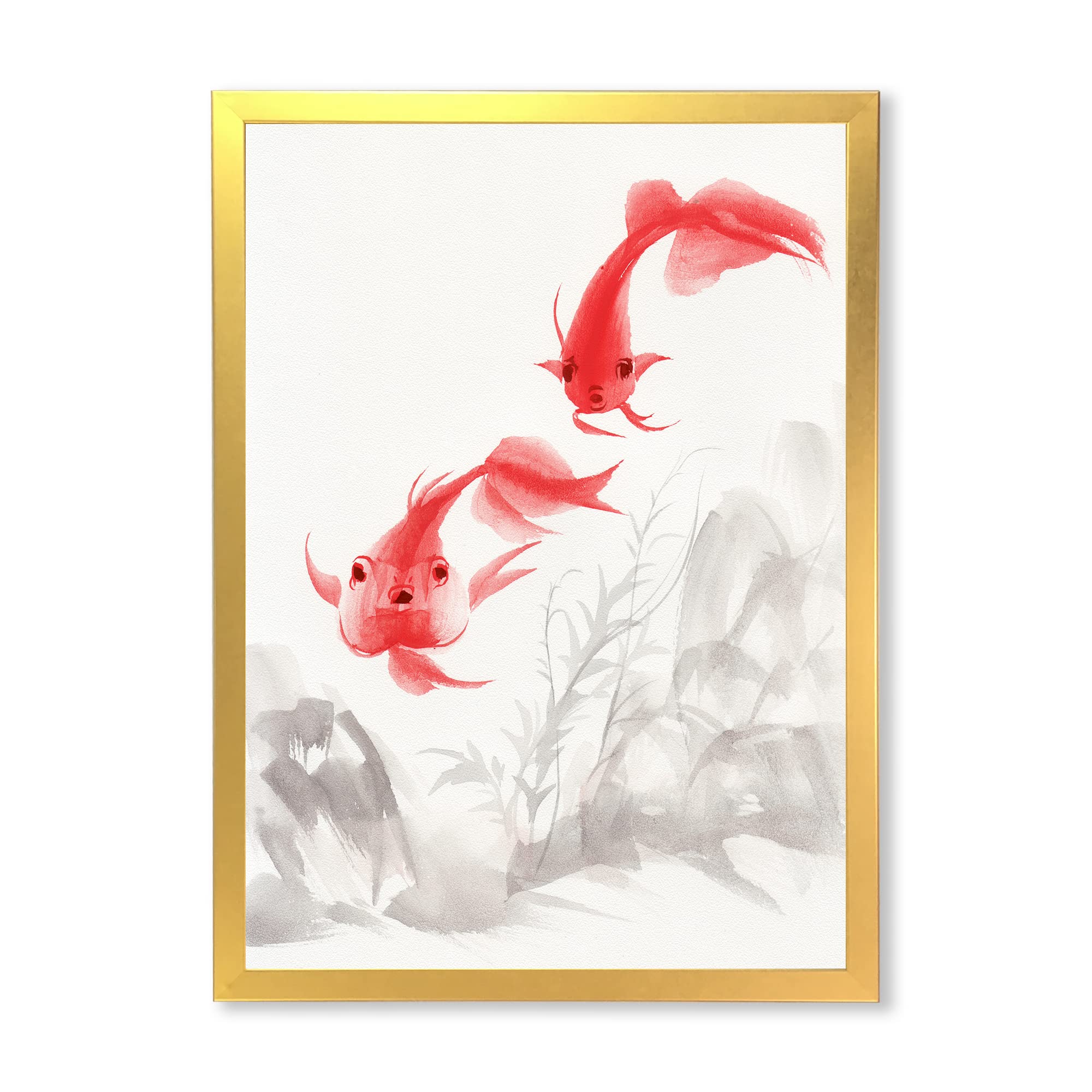 Vintage Gold Fish Nautical Coastal Framed Wall Art - Ocean Theme Home Decor for Living Room, Bedroom, Bathroom & Office