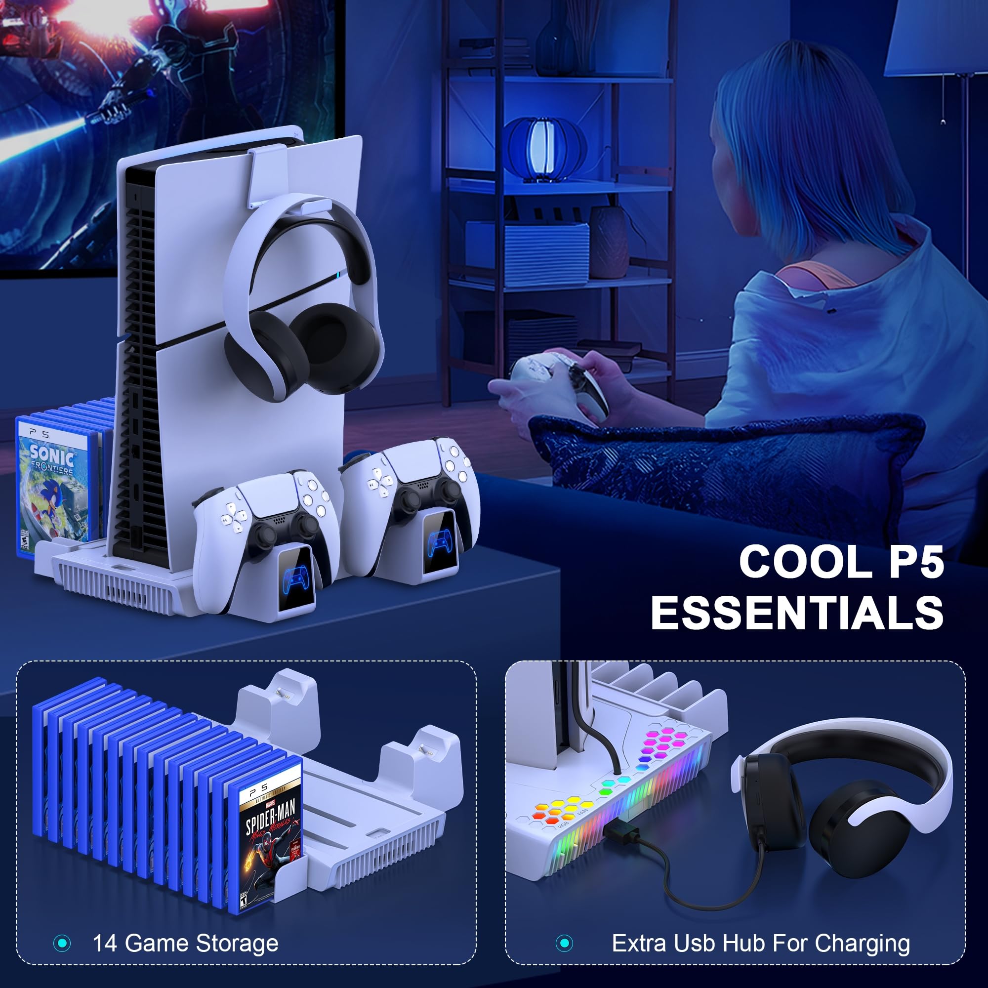 HELLCOOL PS5 Cooling Stand with Dual Controller Charger, 14 Game Slots, RGB Lights & USB Port - Cooling Fan Base for PS5 Disc/Digital Edition & PS5 Slim - Perfect for Gaming Setups & Entertainment Centers