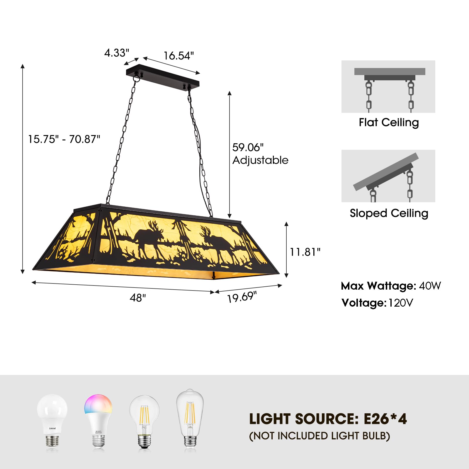 48-inch Tiffany Style Billiard Table Light - 4-Light Pool Table Chandelier for 7' & 8' Tables - Rustic Farmhouse Pendant Light for Game Rooms, Man Caves & Dining Areas - Perfect for Indoor Sports Bars, Basement Rec Rooms & Cabin Decor