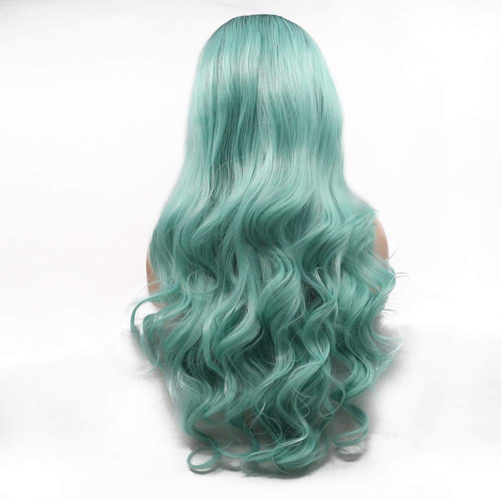 Warooma Long Curly Synthetic Lace Front Wig for Women - European & American Style Human Hair Wigs - Black to Green Ombre Gradient - Perfect for Cosplay, Parties & Daily Fashion
