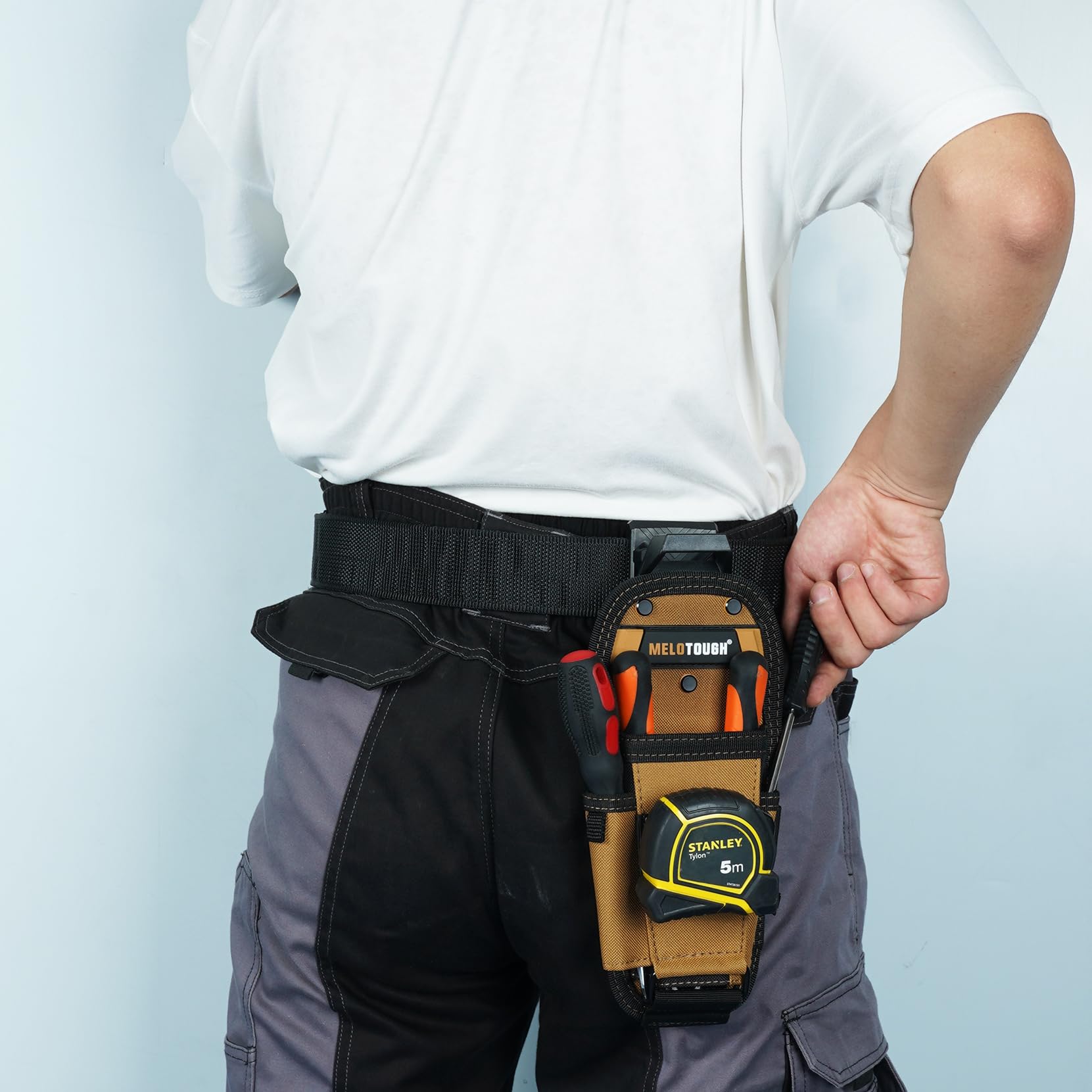 MELOTOUGH Small Tool Pouch with Quick Release Belt Clip - Electrician Tape Measure Clip, Mini Work Organizer Holster & Knife Holder for Electricians, Carpenters, DIY Enthusiasts - Perfect for Construction, Home Repair and Workshop Organization