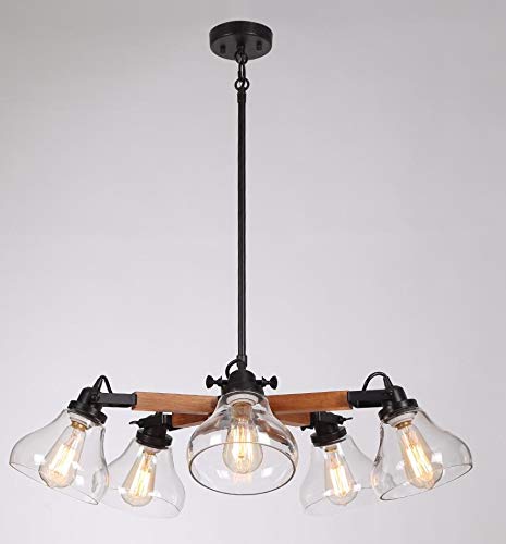 Adjustable Wood Arm with Glass Shade Farmhouse Country Style Chandelier (5 Bulb) - Rustic Ceiling Light Fixture for Dining Room, Kitchen, Bedroom & Living Room Decor