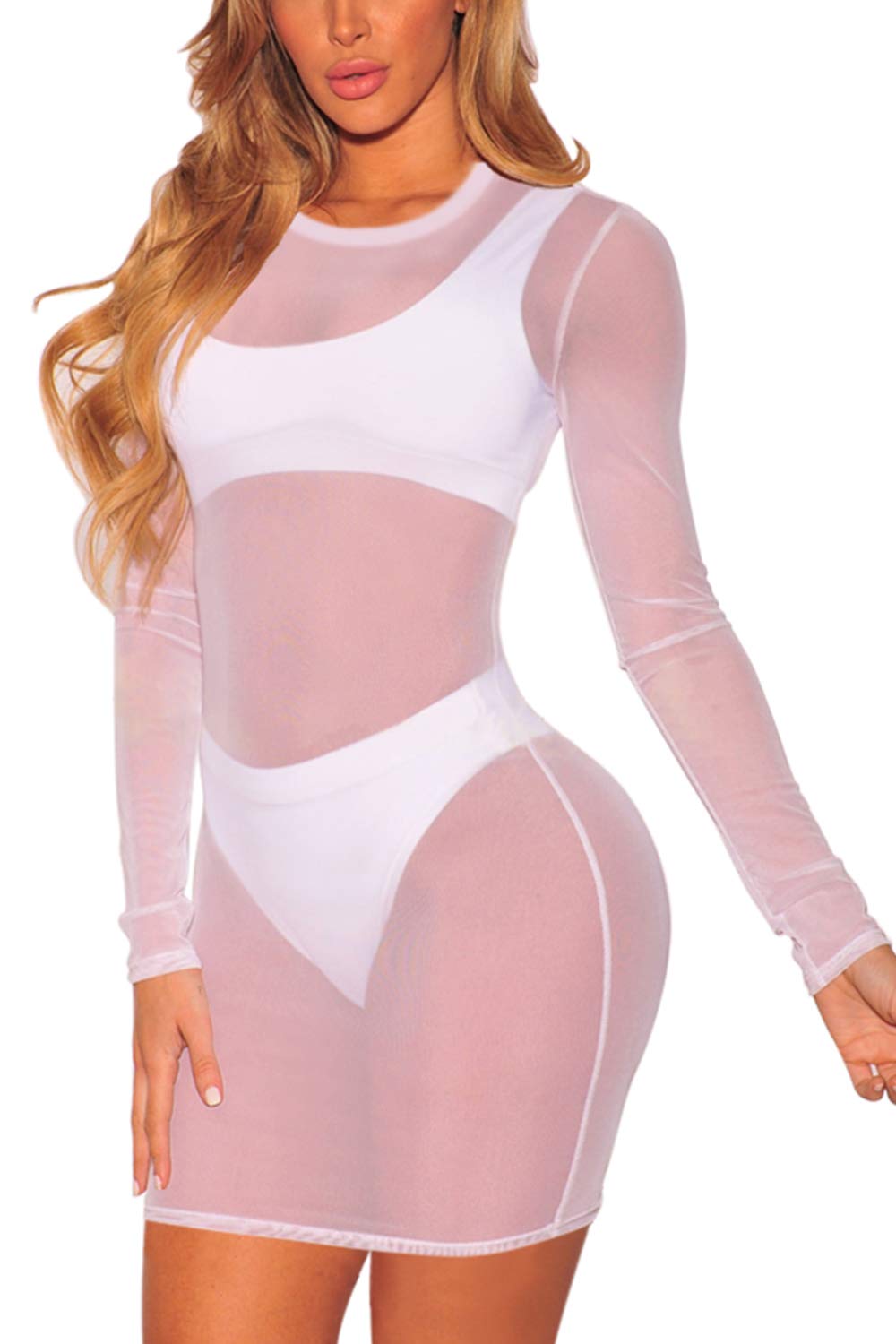 COCOLEGGINGS Women's Sheer Mesh Long Sleeve Beach Cover Up Dress - Sexy Swimwear Coverup for Pool, Vacation & Summer Outfits