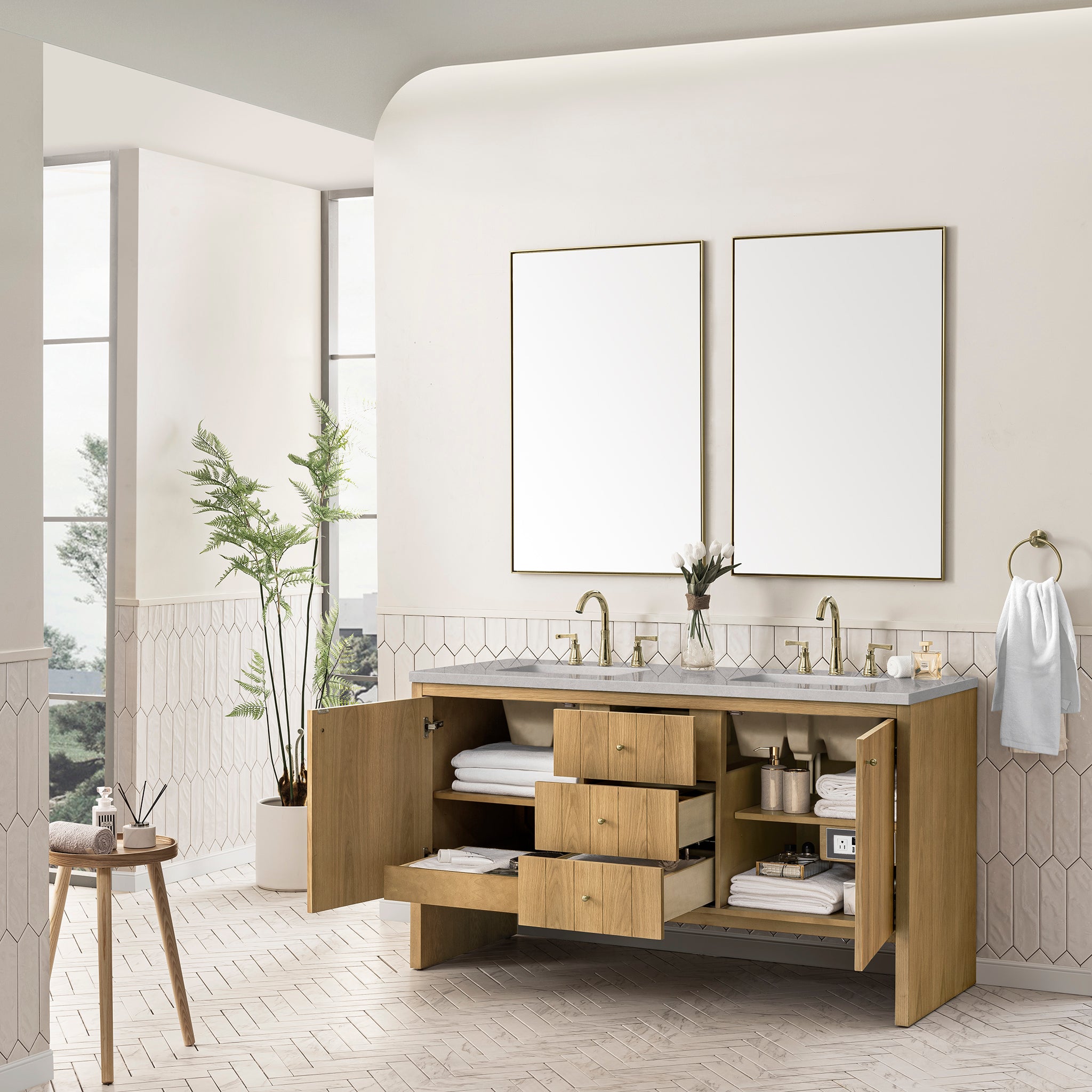 60-Inch Hudson Double Bathroom Vanity with Light Natural Oak Finish & 3CM Eternal Serena Quartz Top – Perfect for Master Bathroom Renovation & Modern Home Decor