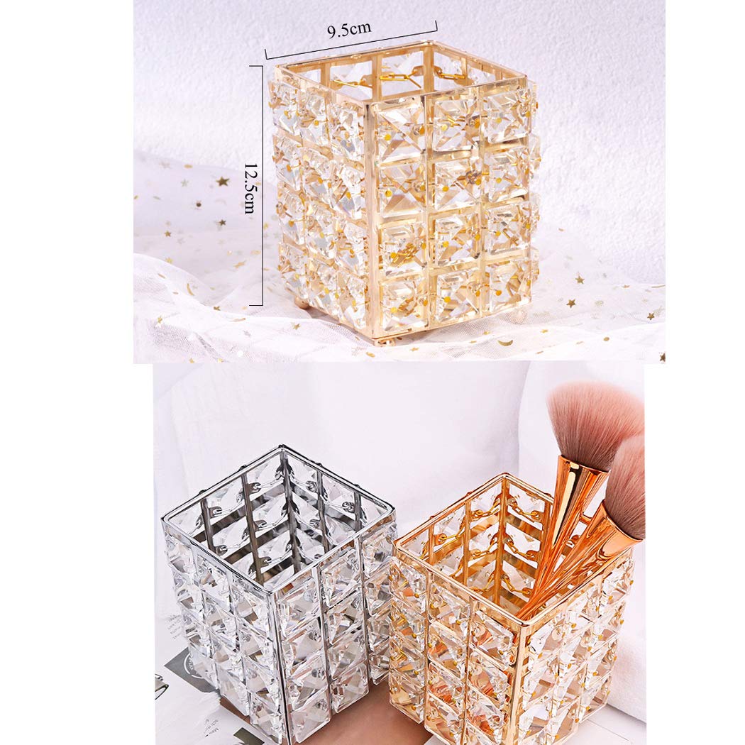 Handmade Crystal Makeup Brush Holder & Eyebrow Pencil Organizer - Gold Square Cosmetic Storage for Vanity, Bathroom, Office Desk | Perfect for Beauty Tools, Stationery & Desk Accessories Organization