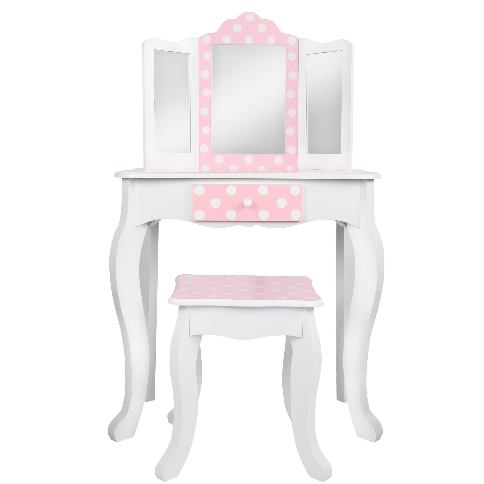WOOMAX Wooden Kids Makeup Vanity Set with Stool, Mirror & Drawer - Pretend Play Beauty Center for Girls & Boys Ages 3+ - Perfect for Birthday Gifts, Role Play & Imaginative Play (85388)