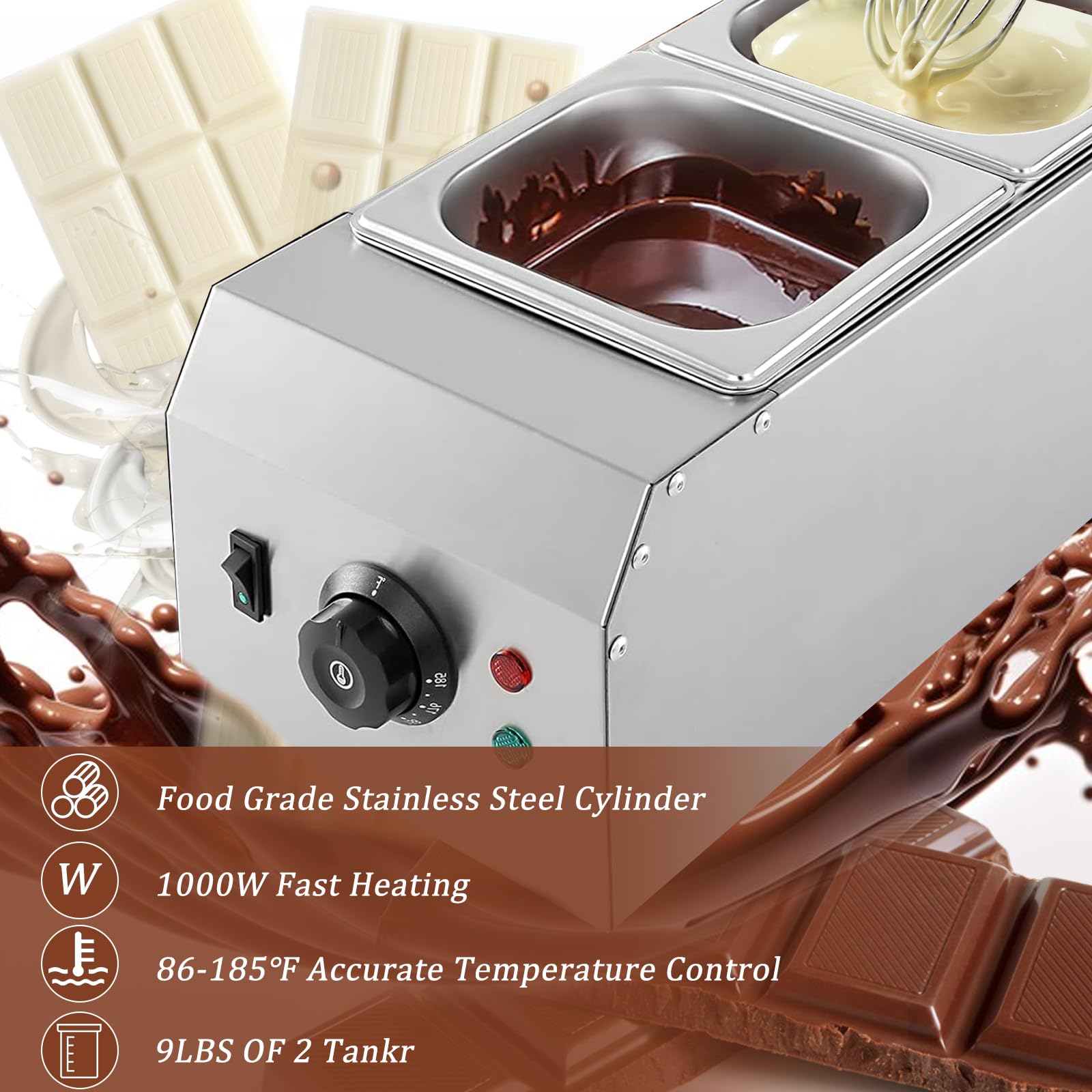 Commercial Chocolate Tempering Machine - 9 Lbs Capacity, Dual Tanks, 1000W Stainless Steel Electric Chocolate Melter with Precise Temperature Control (86-185°F) - Perfect for Bakeries, Candy Shops & Home Chocolate Making