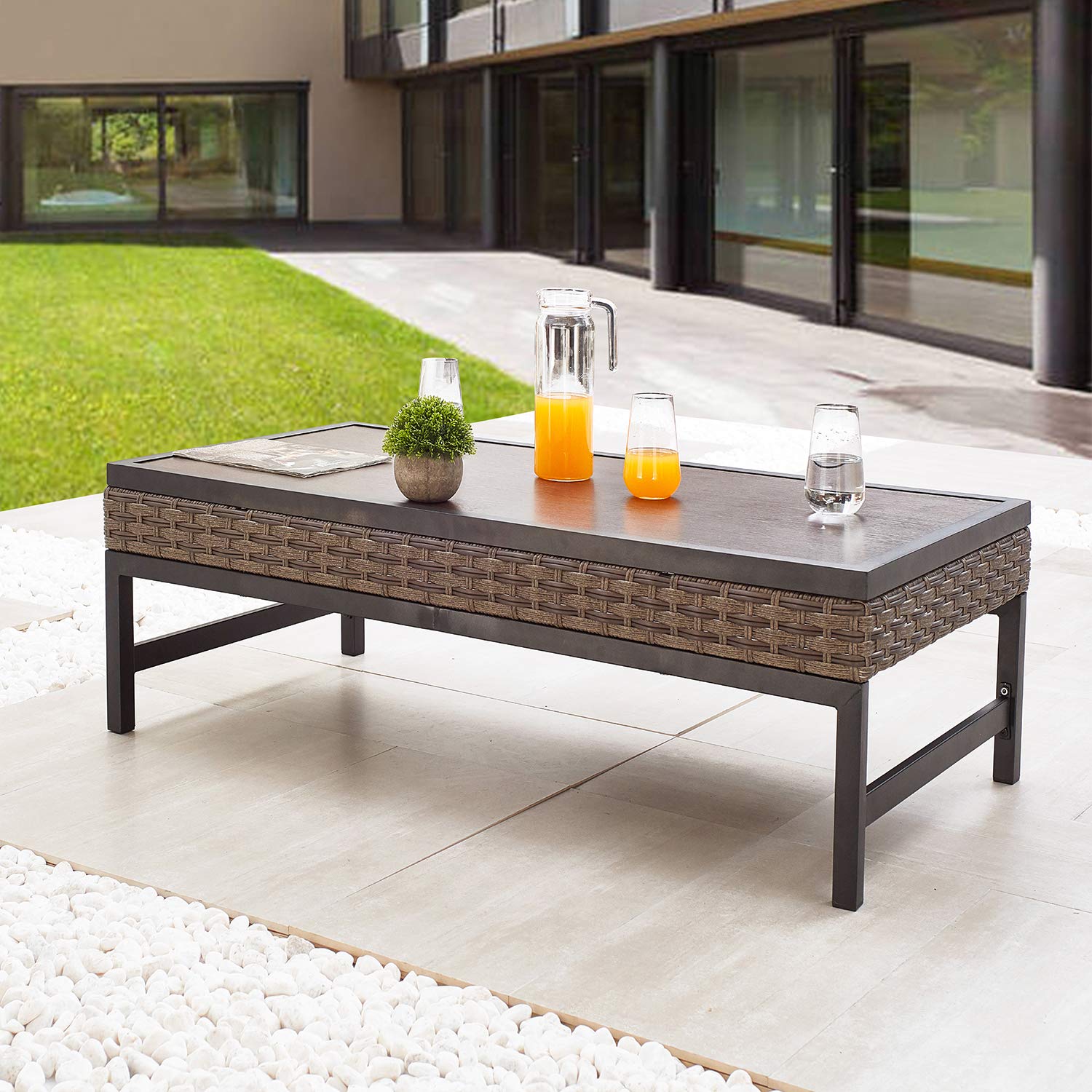 Festival Depot Metal Outdoor Side Coffee Table - Wood Grain Top Wicker Rattan Patio Furniture with Steel Legs in Brown/Black (Rectangle) - Perfect for Garden, Balcony, Living Room & Dining Area Decor