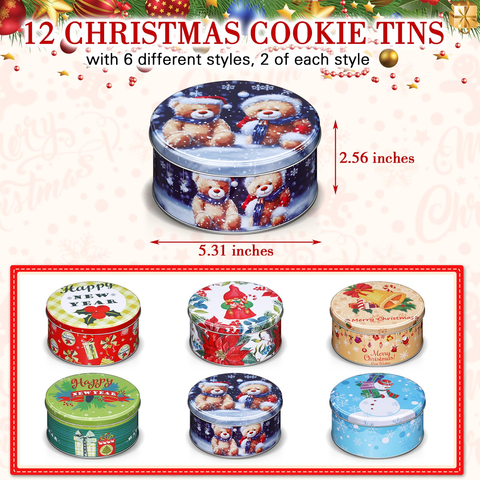12 Pack Christmas Cookie Tins with Lids - Round Metal Holiday Gift Containers for Cookies, Candies & Party Favors - Classic Style Xmas Cookie Jars for Gift Giving, Baking & Holiday Decorations
