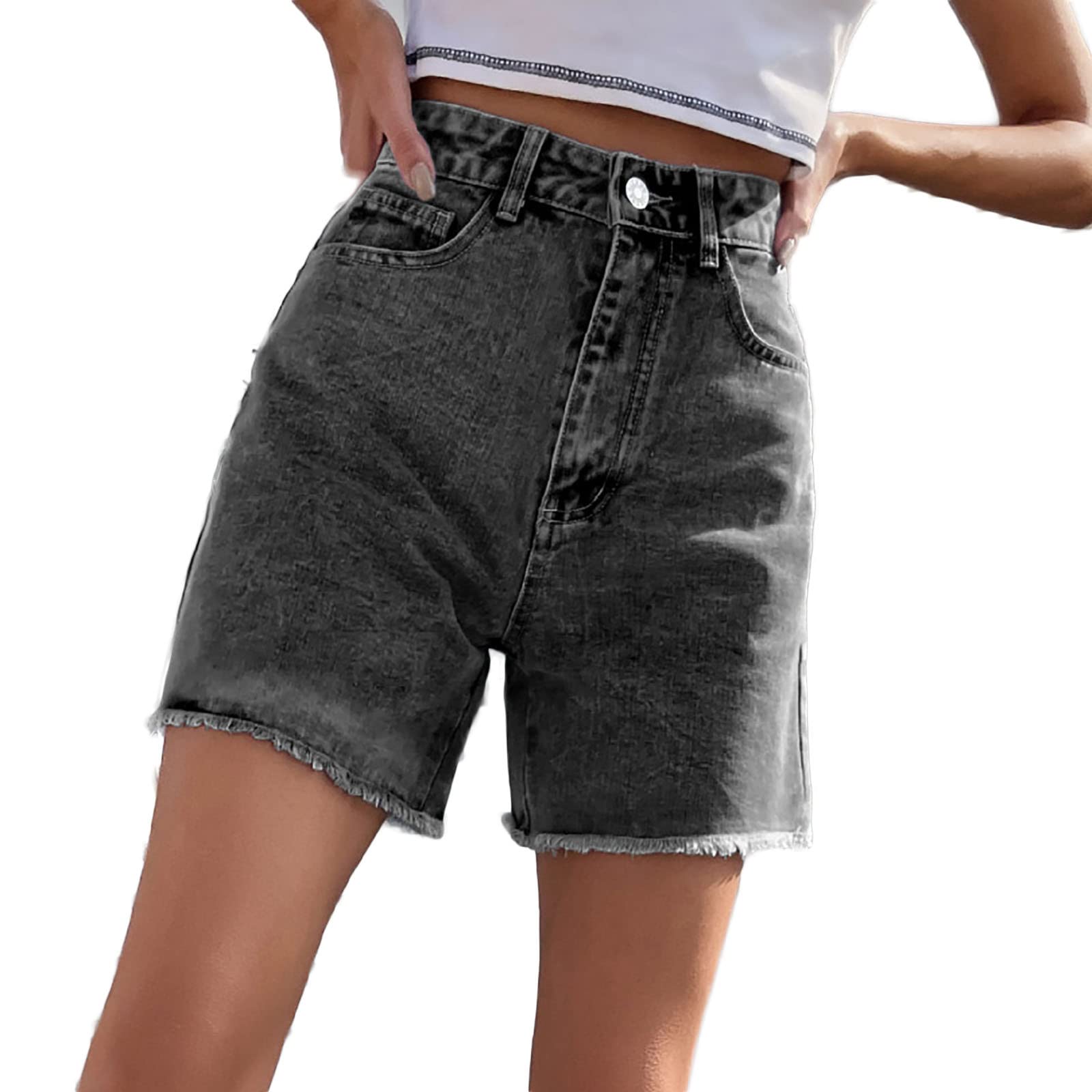 Women's High Waist Ripped Denim Shorts with Pockets - Casual Summer Style