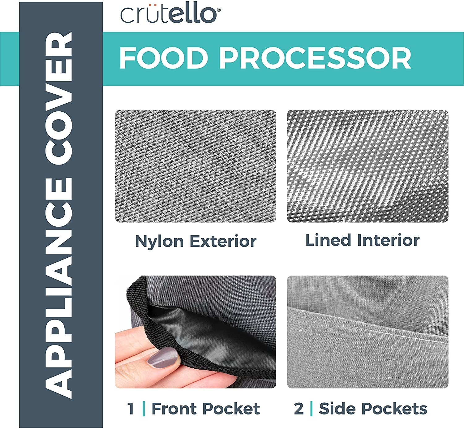 Crutello 7-10 Cup Food Processor Cover with Storage Pockets - Universal Fit for Most Medium Food Processors - Dustproof Kitchen Countertop Protector - Perfect for Meal Prep & Small Appliance Storage