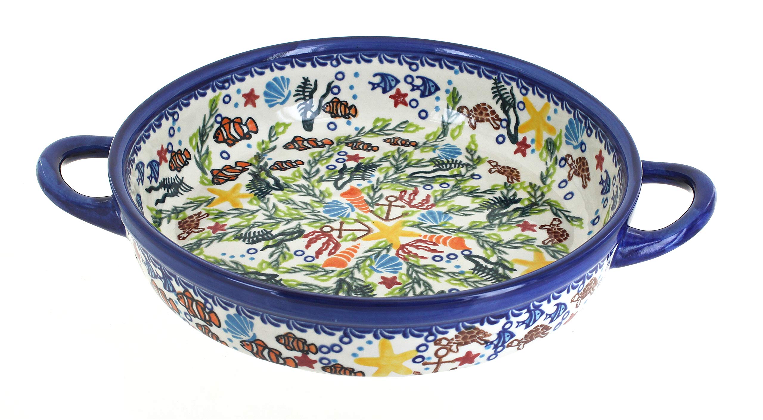 Handmade Blue Rose Polish Pottery Atlantis Small Round Baker with Handles - Perfect for Baking, Serving & Home Decor