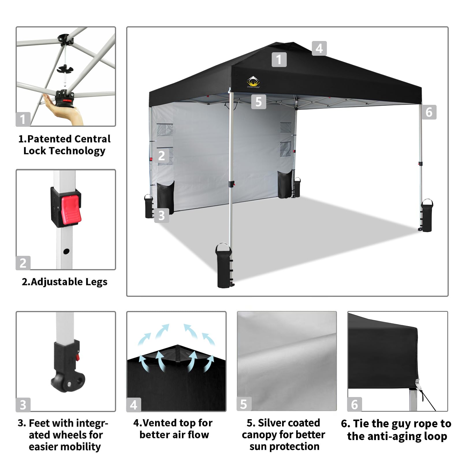10x10 Pop Up Canopy Tent with Sidewalls & Pockets - Portable Instant Sun Shelter for Outdoor Camping, Beach, Picnics & Backyard Parties - Easy One-Person Setup with Center Lock System - Black CROWN SHADES Canopy