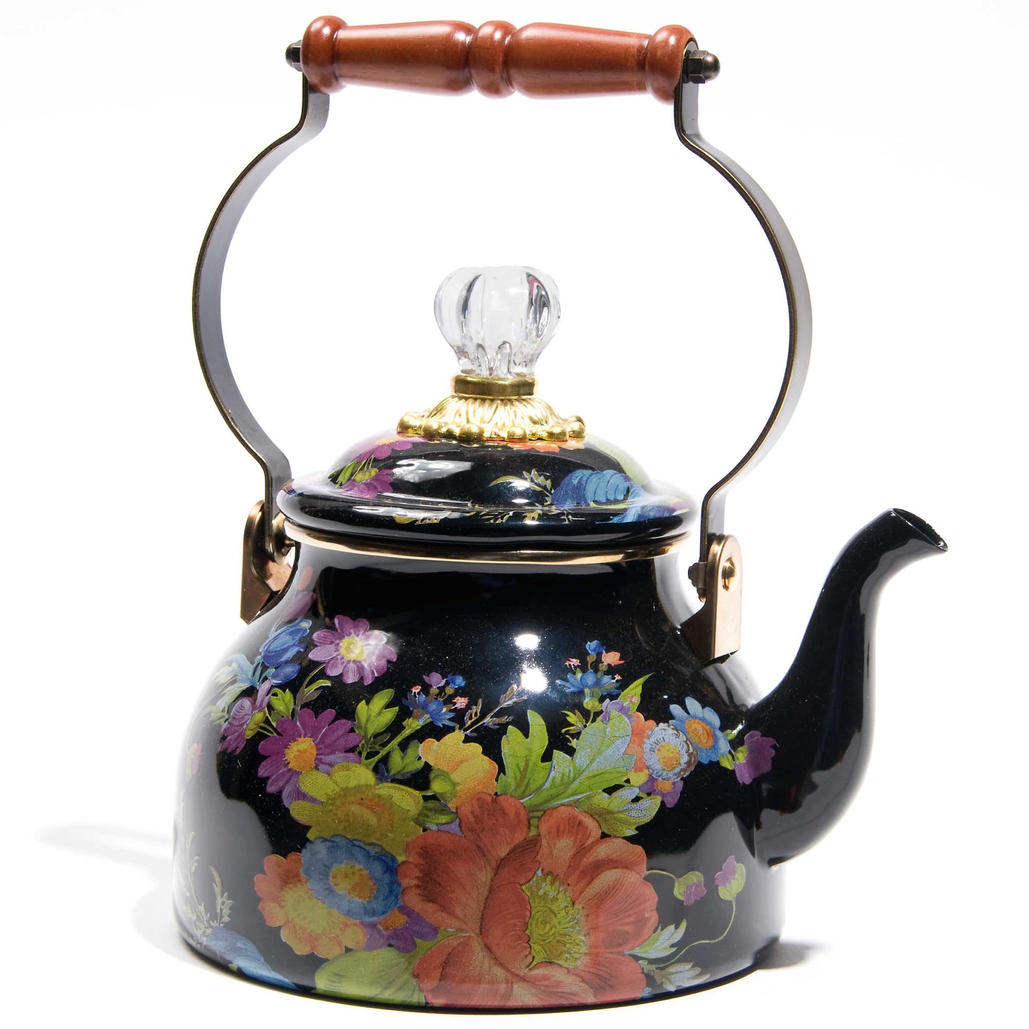 MACKENZIE-CHILDS Enamel Tea Kettle - 2-Quart Stovetop Kettle with Black Flower Market Design - Perfect for Home Kitchen, Tea Parties & Vintage Decor