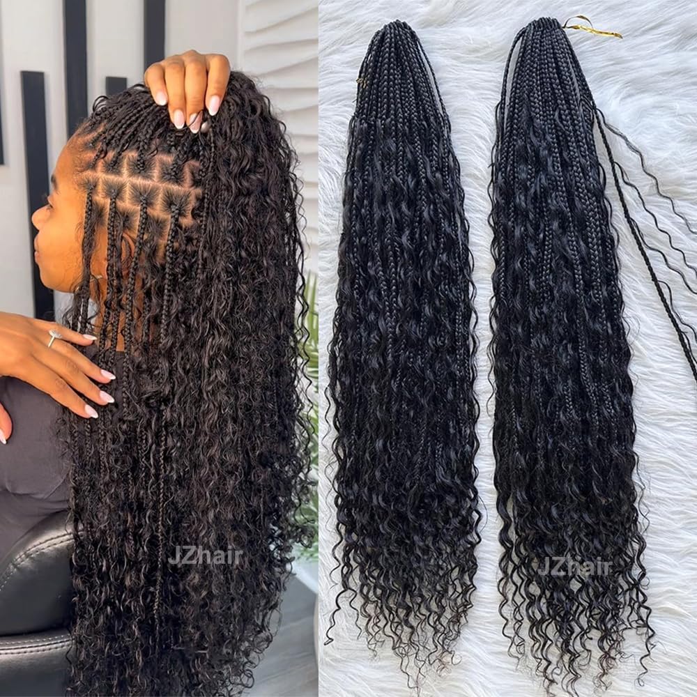 Pre-Looped Crochet Boho Box Braids with Human Hair Curls - 18 Inch Natural Color Hair Extensions for Women (2 Pack, 80 Strands) - Perfect for Protective Styling, Everyday Wear & Special Occasions