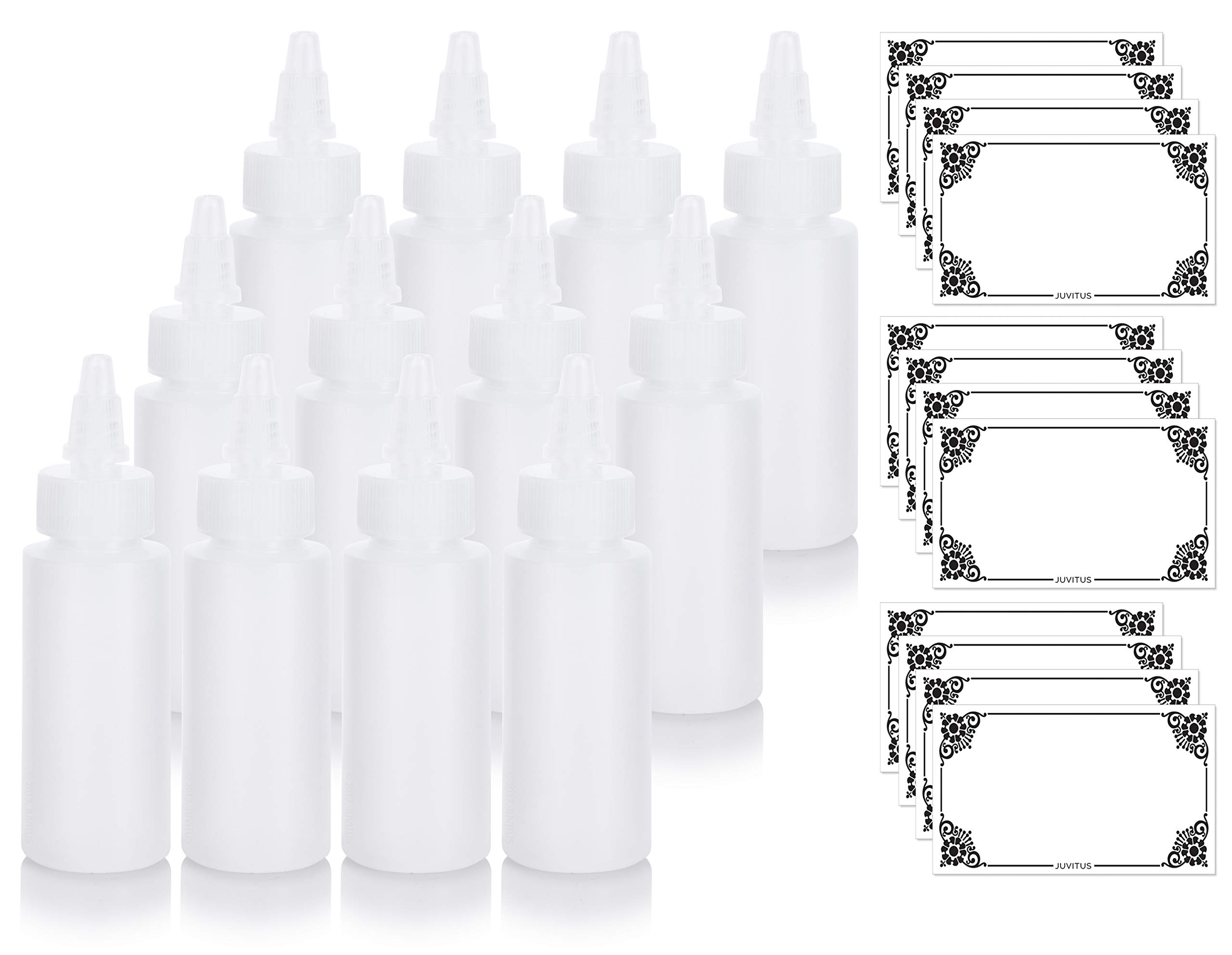 JUVITUS 12 Pack 2oz Clear Plastic Squeeze Bottles with Twist Top Spout - Refillable Leak Proof Containers for Kitchen, Bathroom, Travel & DIY Projects (Includes Free Funnel)
