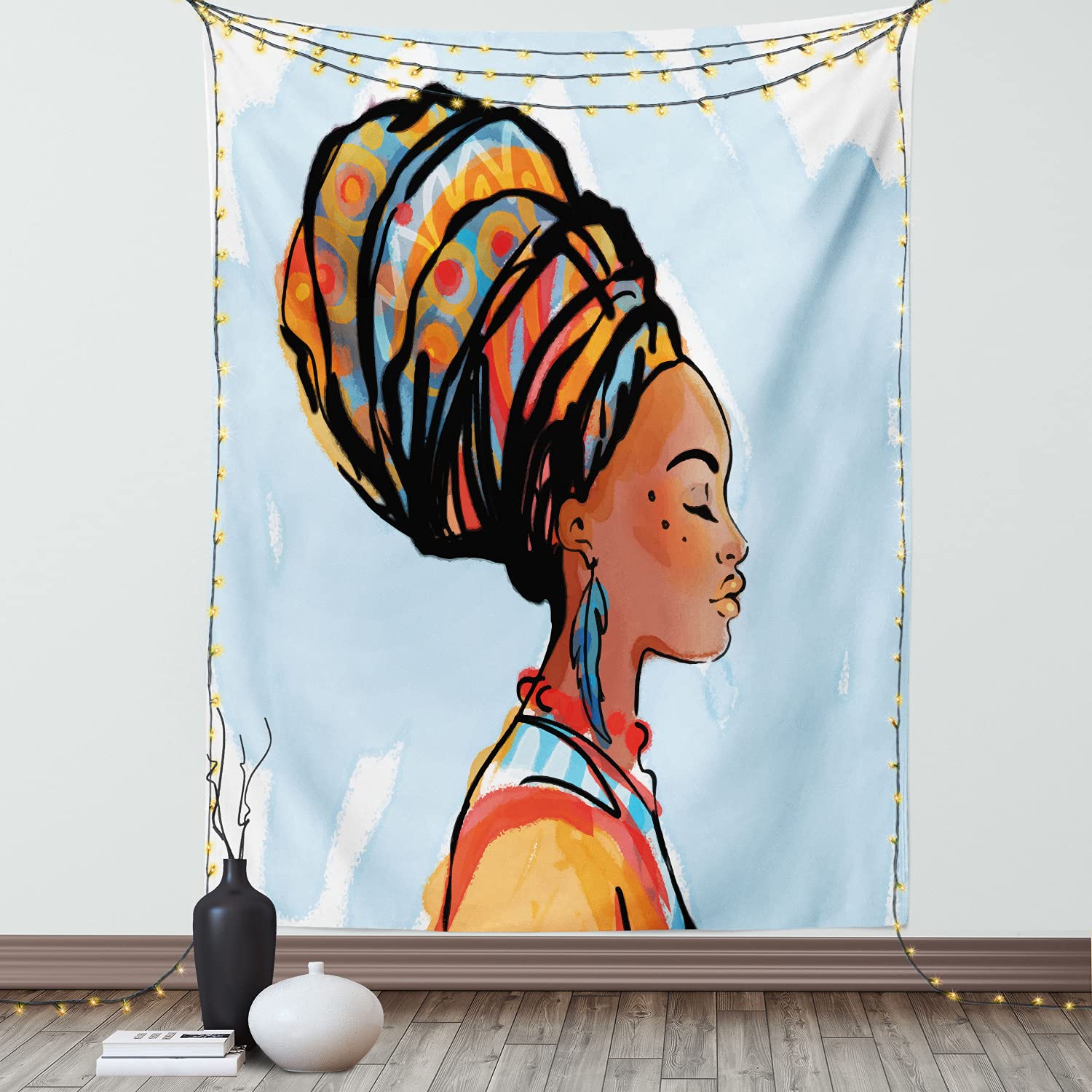 Ambesonne Folk Art Tapestry - Traditional Woman Portrait with Feather Earring Wall Hanging Decor, 40x60 Inch Multicolor Bohemian Tapestry for Bedroom, Living Room, Dorm, Yoga Studio & Festival Decor