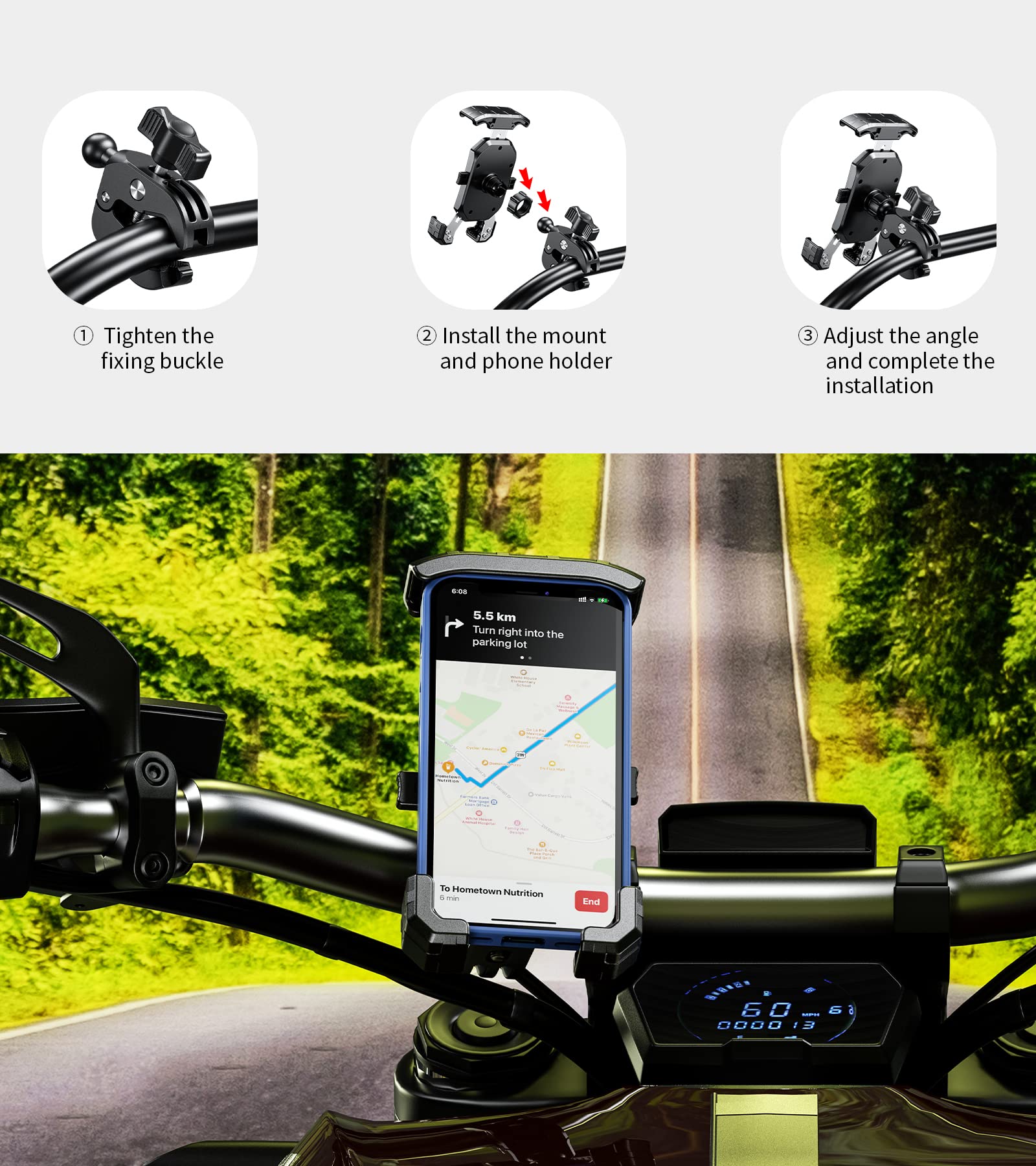 Kewig Universal Motorcycle Phone Mount - Quick Release Handlebar Clamp for iPhone 14 Plus/Pro Max, Galaxy S10 & 4.0-7.0